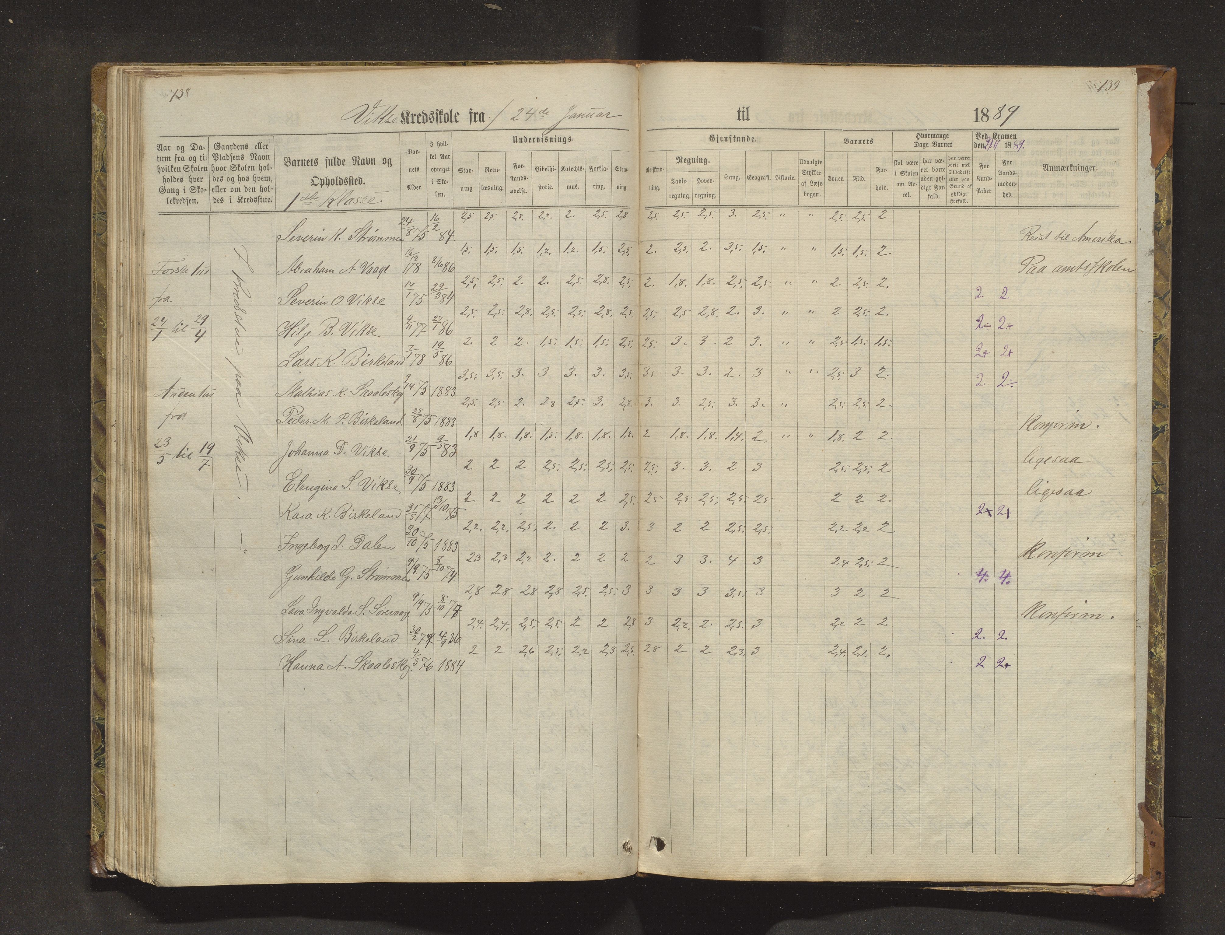 Sveio kommune. Barneskulane, IKAH/1216-231/F/Fa/L0018: Skuleprotokoll for Nordre Våge, Eilerås, Våge og Vikse krinsskular, 1870-1889, p. 138-139