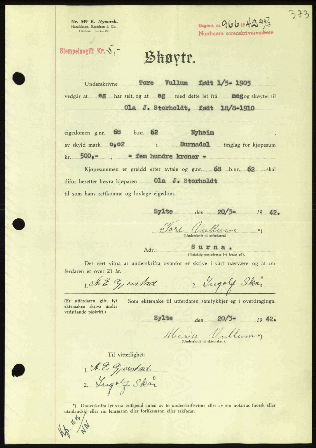 Nordmøre sorenskriveri, AV/SAT-A-4132/1/2/2Ca: Mortgage book no. A92, 1942-1942, Diary no: : 966/1942