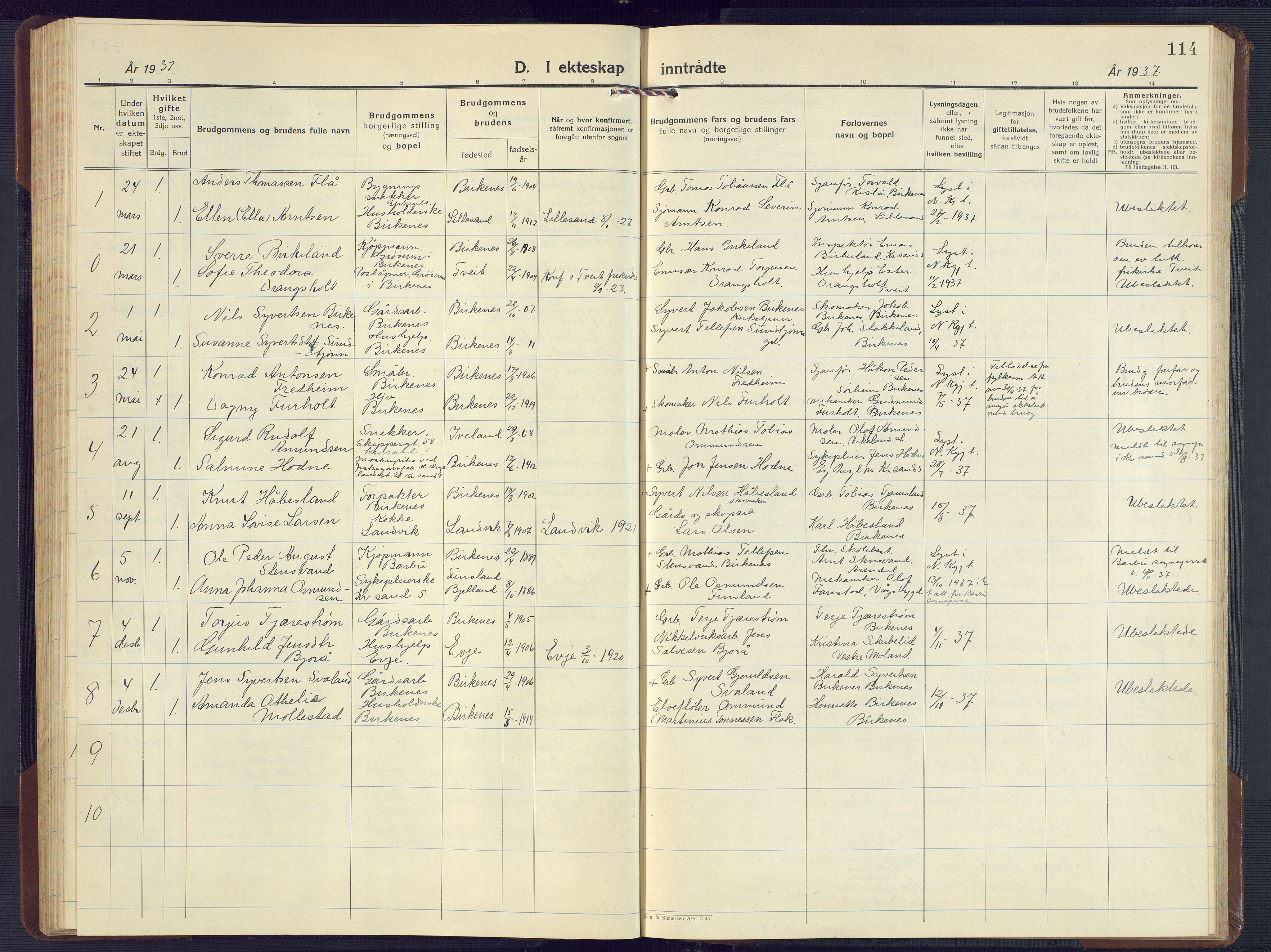 Birkenes sokneprestkontor, SAK/1111-0004/F/Fb/L0005: Parish register (copy) no. B 5, 1930-1957, p. 114