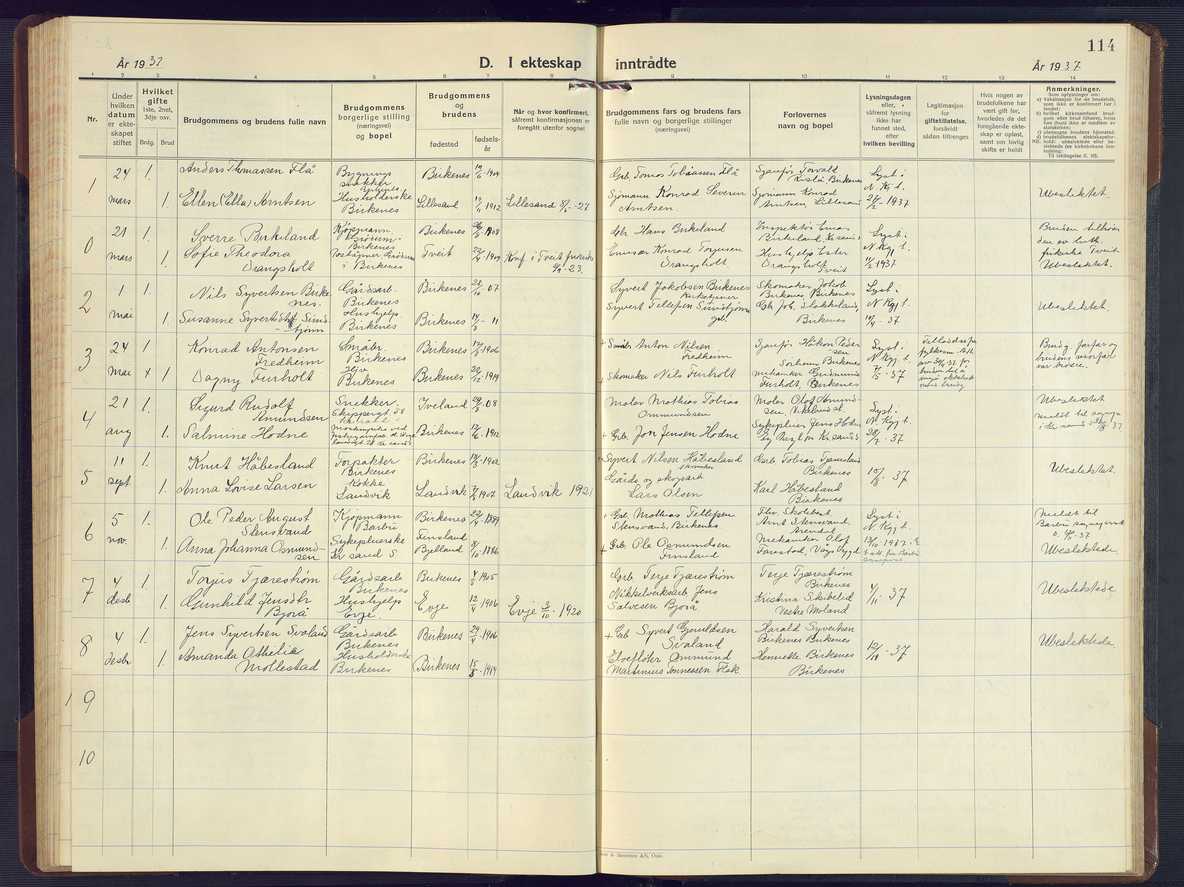 Birkenes sokneprestkontor, AV/SAK-1111-0004/F/Fb/L0005: Parish register (copy) no. B 5, 1930-1957, p. 114