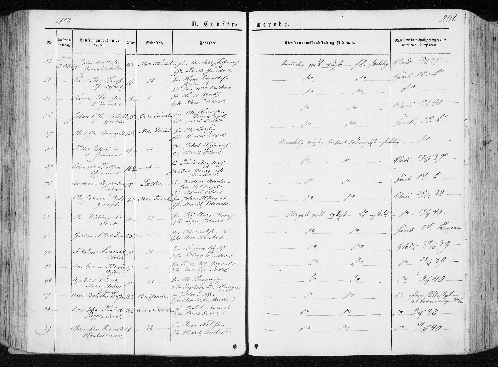 Ministerialprotokoller, klokkerbøker og fødselsregistre - Nord-Trøndelag, AV/SAT-A-1458/709/L0074: Parish register (official) no. 709A14, 1845-1858, p. 292