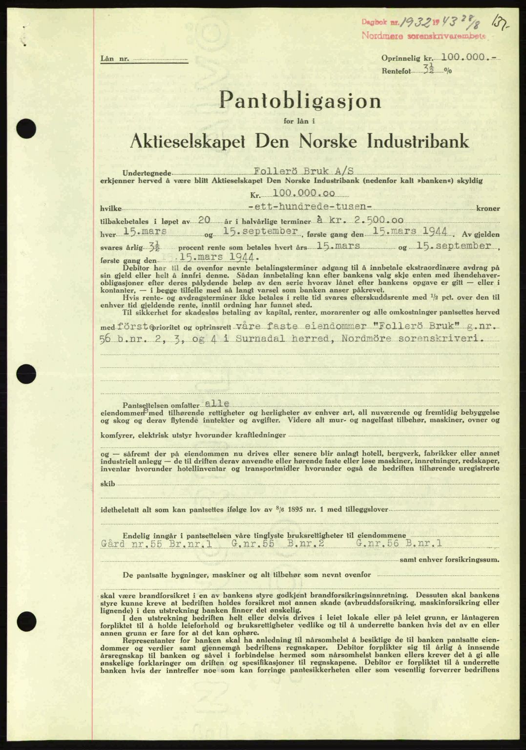 Nordmøre sorenskriveri, AV/SAT-A-4132/1/2/2Ca: Mortgage book no. B91, 1943-1944, Diary no: : 1932/1943