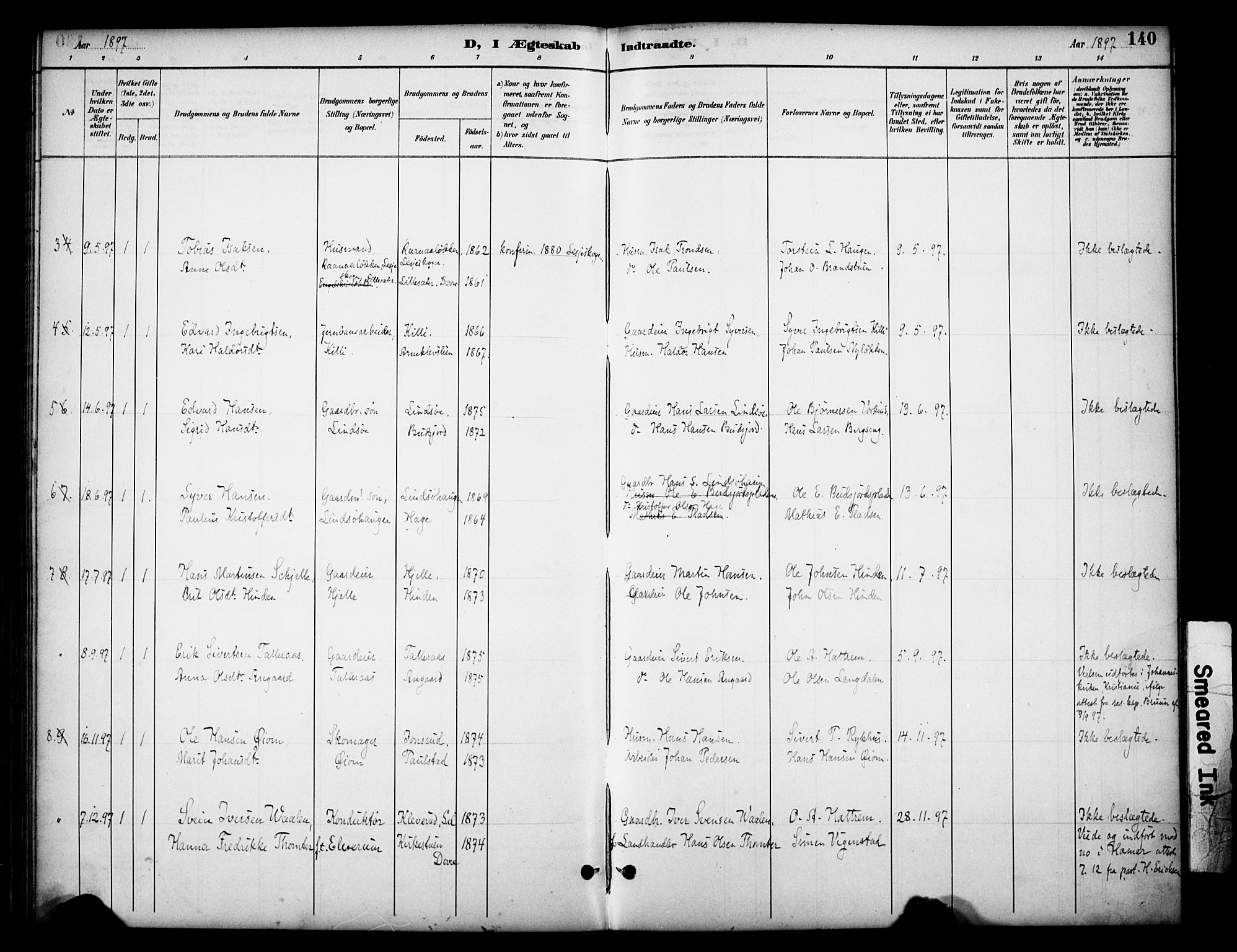 Dovre prestekontor, SAH/PREST-066/H/Ha/Haa/L0003: Parish register (official) no. 3, 1891-1901, p. 140