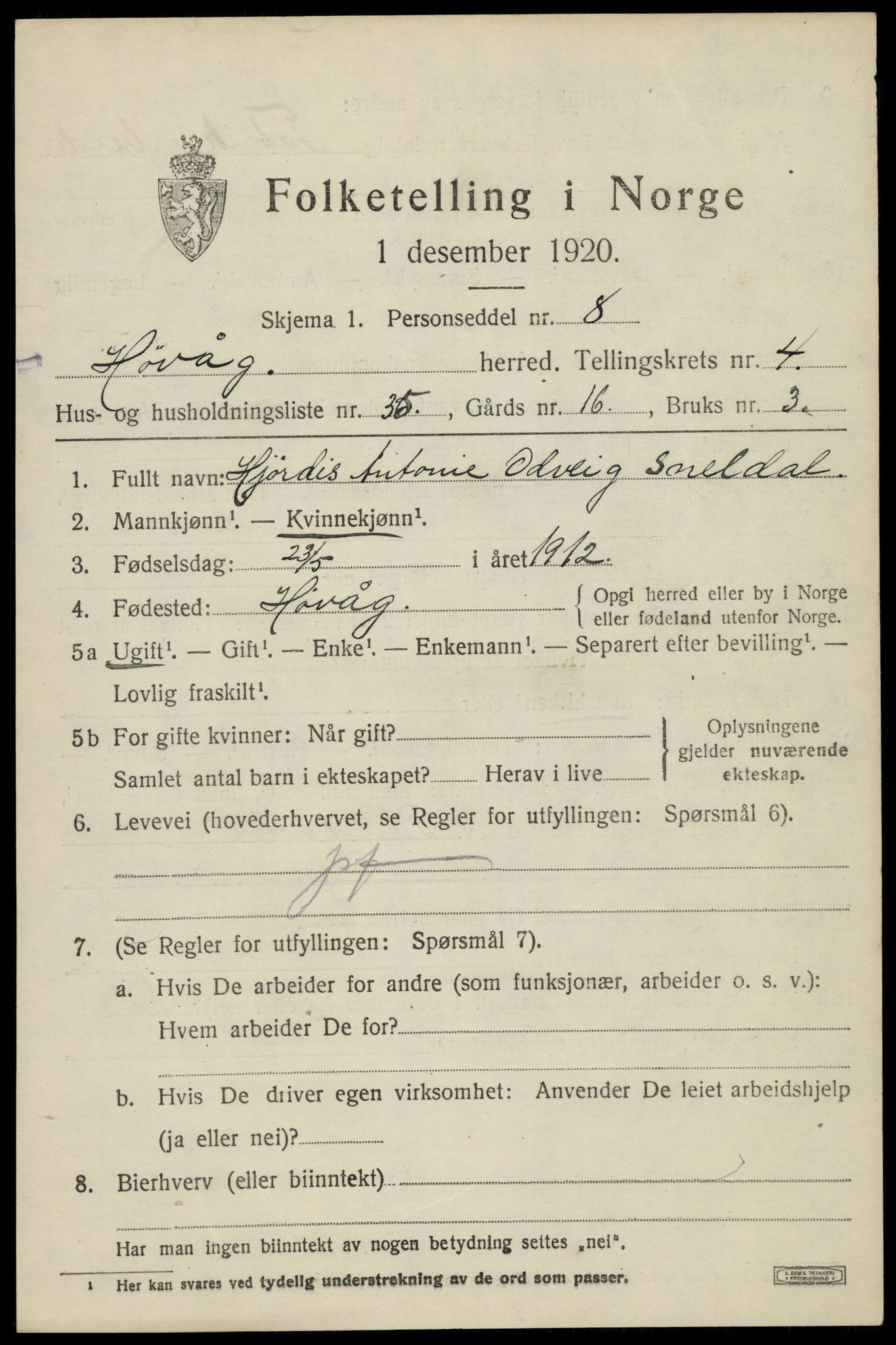 SAK, 1920 census for Høvåg, 1920, p. 2582