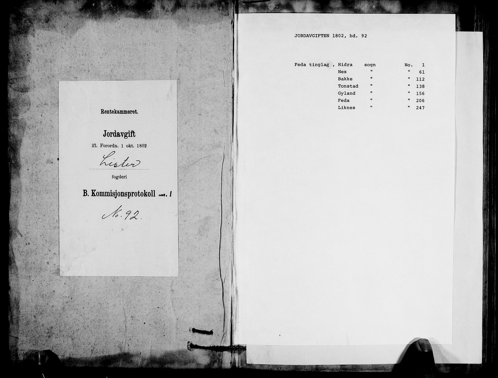 Rentekammeret inntil 1814, Realistisk ordnet avdeling, AV/RA-EA-4070/N/Ne/Nea/L0092: Lista fogderi. Kommisjonsprotokoll "Nr. 1", for Hidra, Nes, Bakke, Tonstad, Gyland, Feda og Liknes sogn, 1803, p. 1