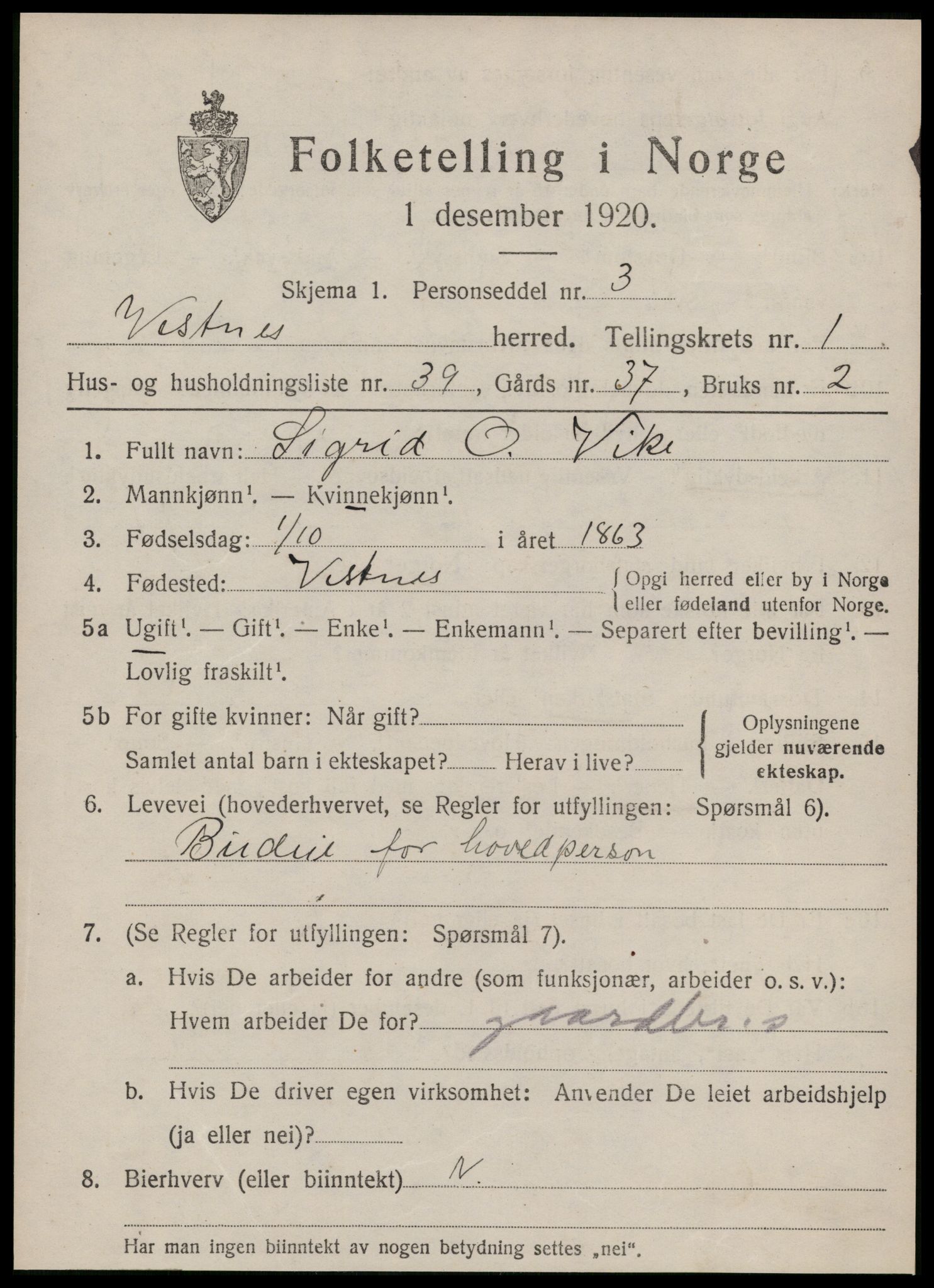 SAT, 1920 census for Vestnes, 1920, p. 1675