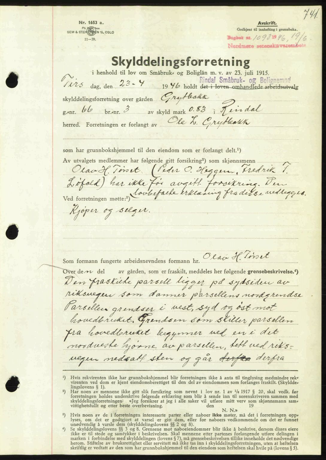 Nordmøre sorenskriveri, AV/SAT-A-4132/1/2/2Ca: Mortgage book no. A101, 1946-1946, Diary no: : 1093/1946