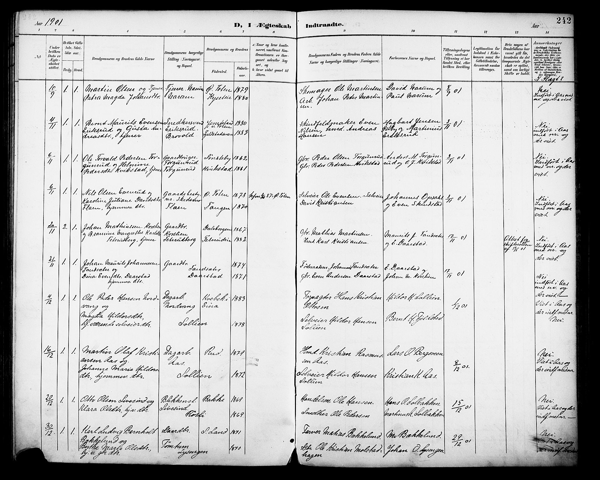 Vestre Toten prestekontor, SAH/PREST-108/H/Ha/Haa/L0013: Parish register (official) no. 13, 1895-1911, p. 242
