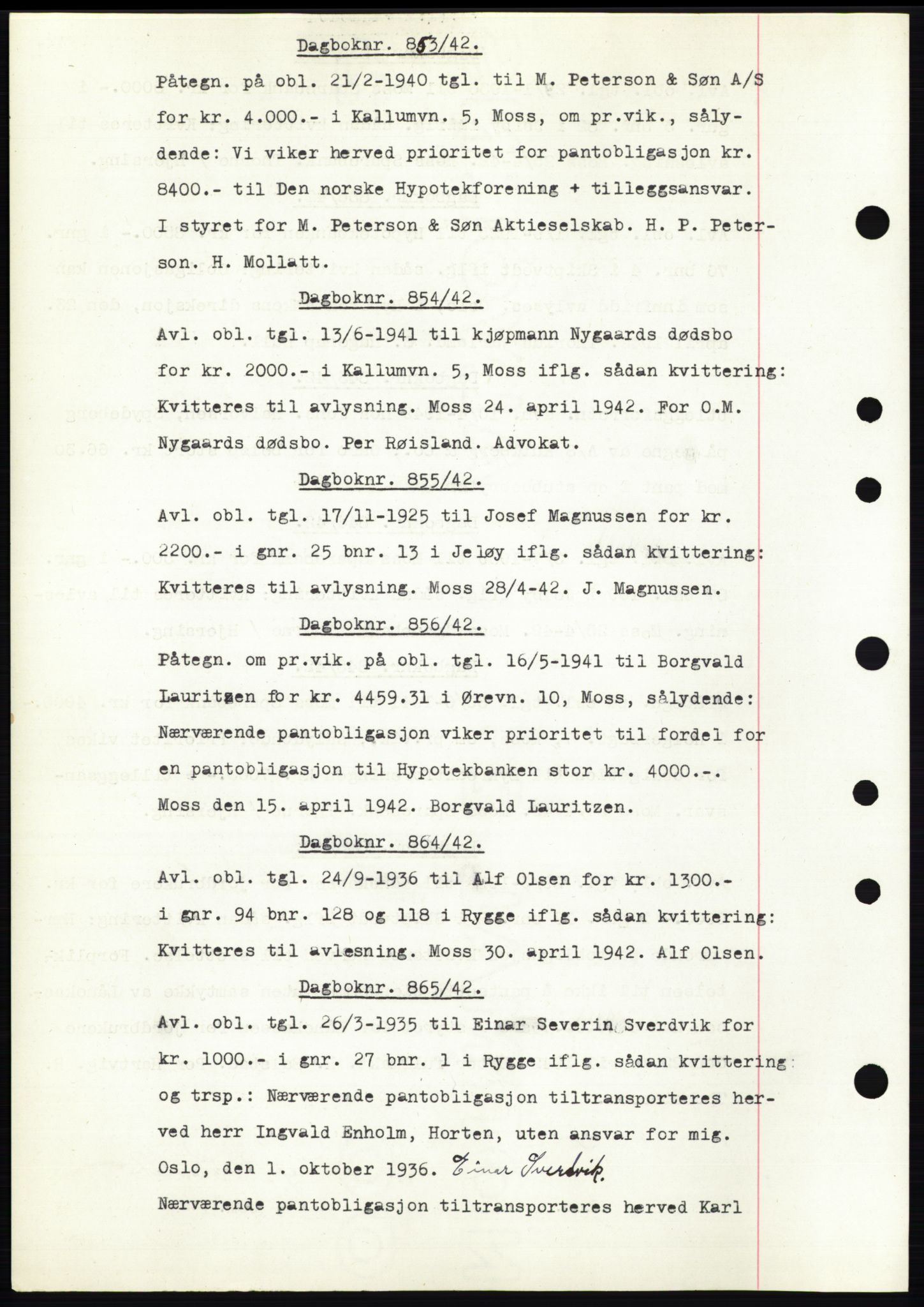 Moss sorenskriveri, AV/SAO-A-10168: Mortgage book no. C10, 1938-1950, Diary no: : 853/1942