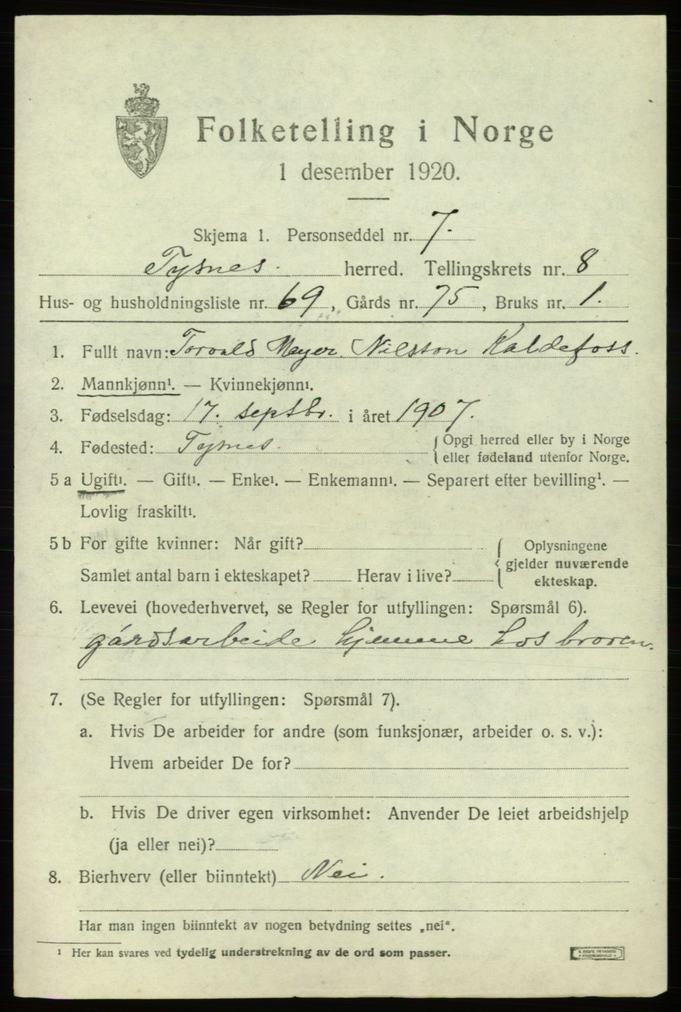 SAB, 1920 census for Tysnes, 1920, p. 6158