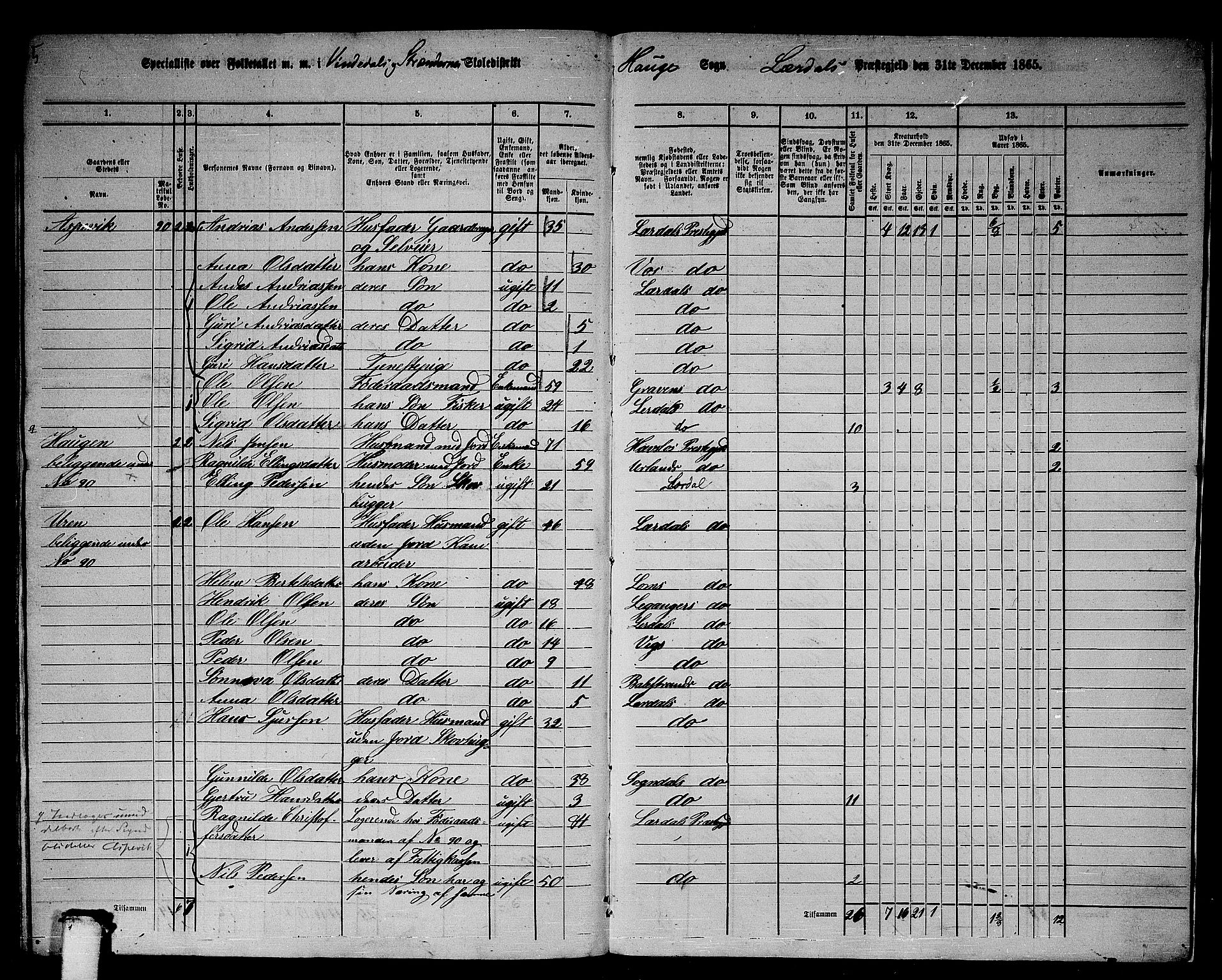 RA, 1865 census for Lærdal, 1865, p. 171