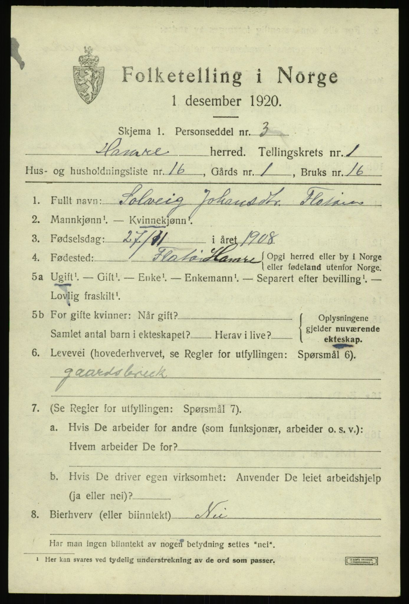 SAB, 1920 census for Hamre, 1920, p. 1183