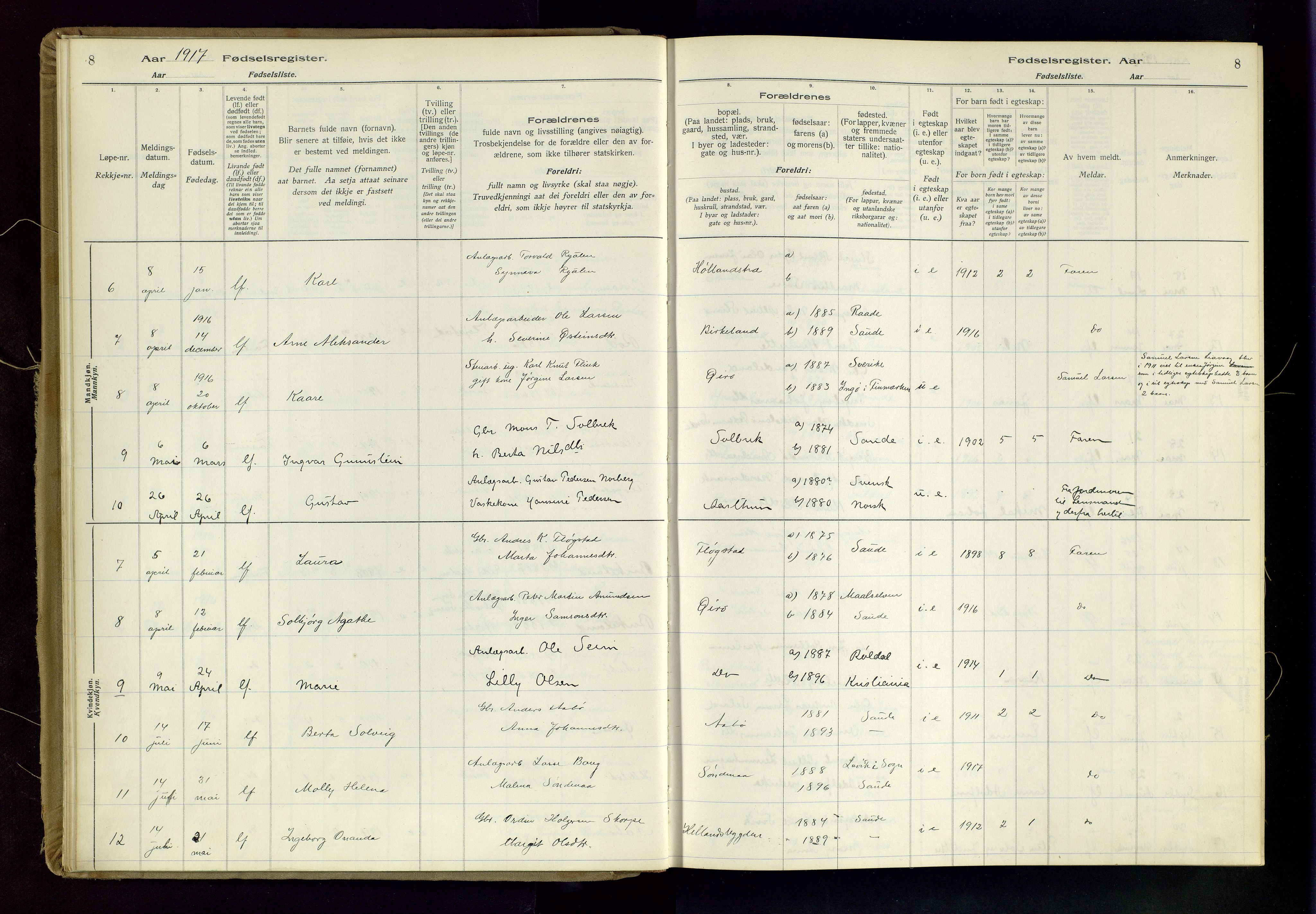 Sand sokneprestkontor, SAST/A-101848/03/C/L0003: Birth register no. 3, 1916-1936, p. 8