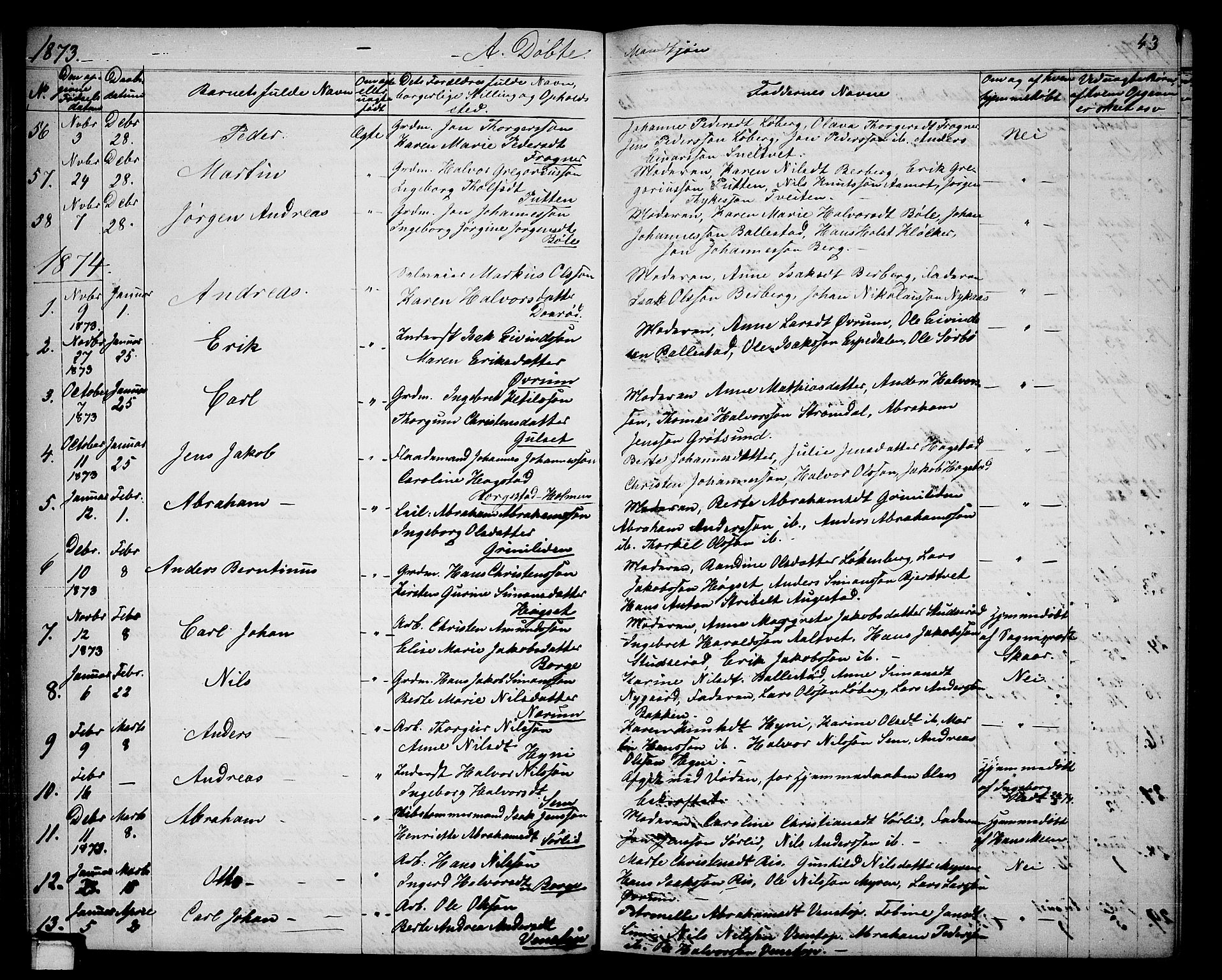Gjerpen kirkebøker, SAKO/A-265/G/Ga/L0001: Parish register (copy) no. I 1, 1864-1882, p. 43