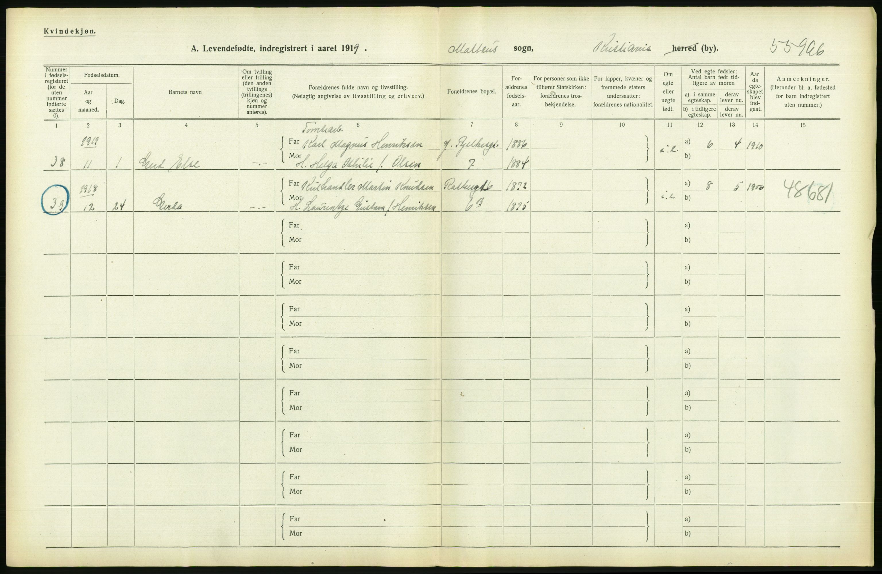 Statistisk sentralbyrå, Sosiodemografiske emner, Befolkning, AV/RA-S-2228/D/Df/Dfb/Dfbi/L0008: Kristiania: Levendefødte menn og kvinner., 1919