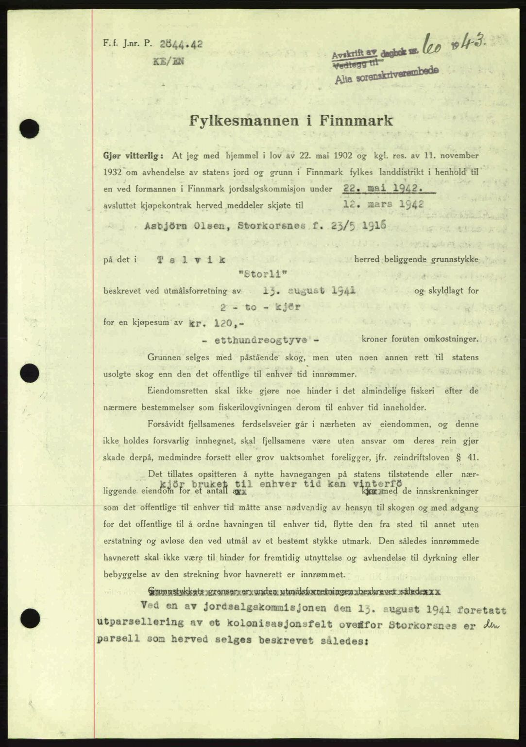 Alta fogderi/sorenskriveri, SATØ/SATØ-5/1/K/Kd/L0033pantebok: Mortgage book no. 33, 1940-1943, Diary no: : 60/1943