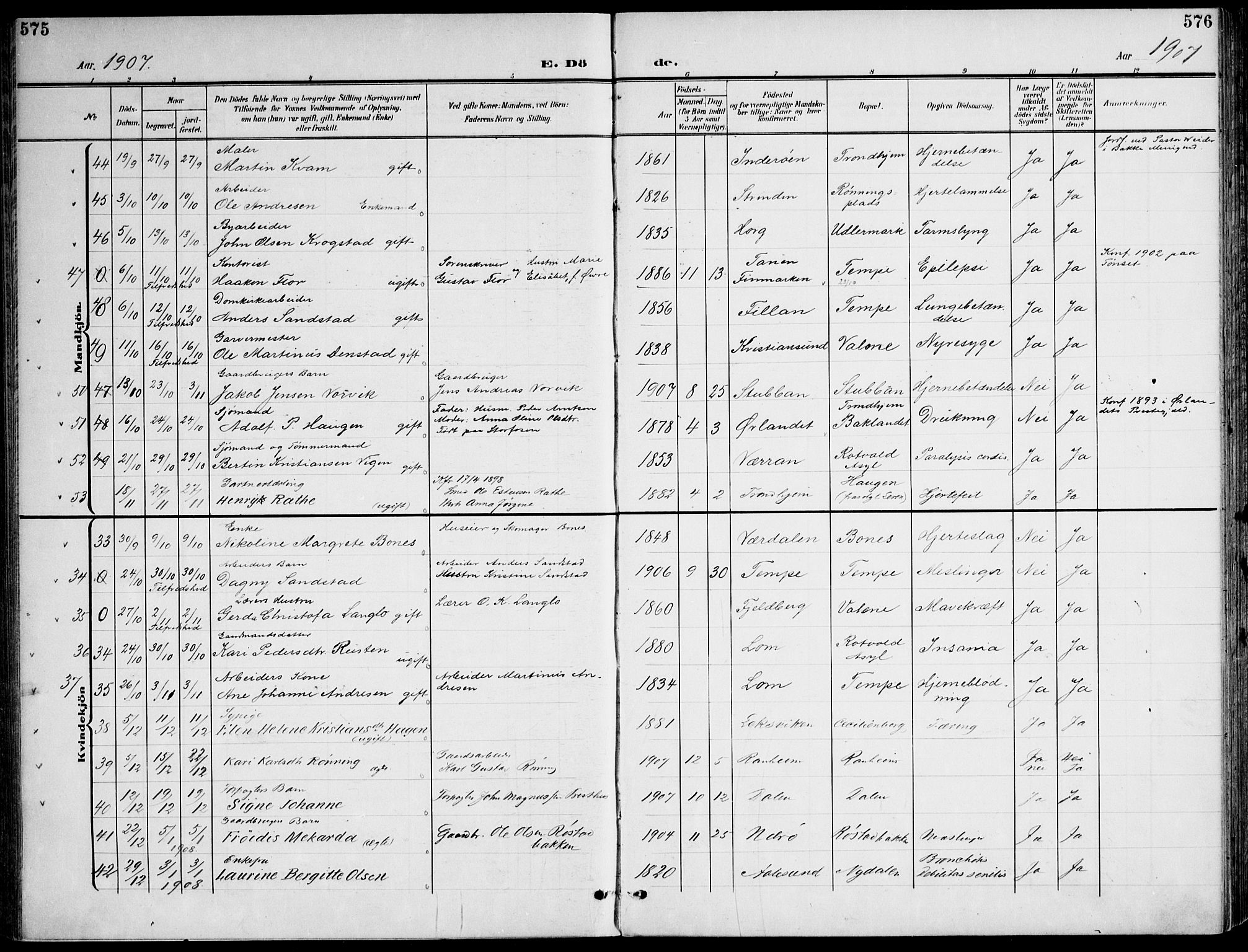 Ministerialprotokoller, klokkerbøker og fødselsregistre - Sør-Trøndelag, AV/SAT-A-1456/607/L0320: Parish register (official) no. 607A04, 1907-1915, p. 575-576