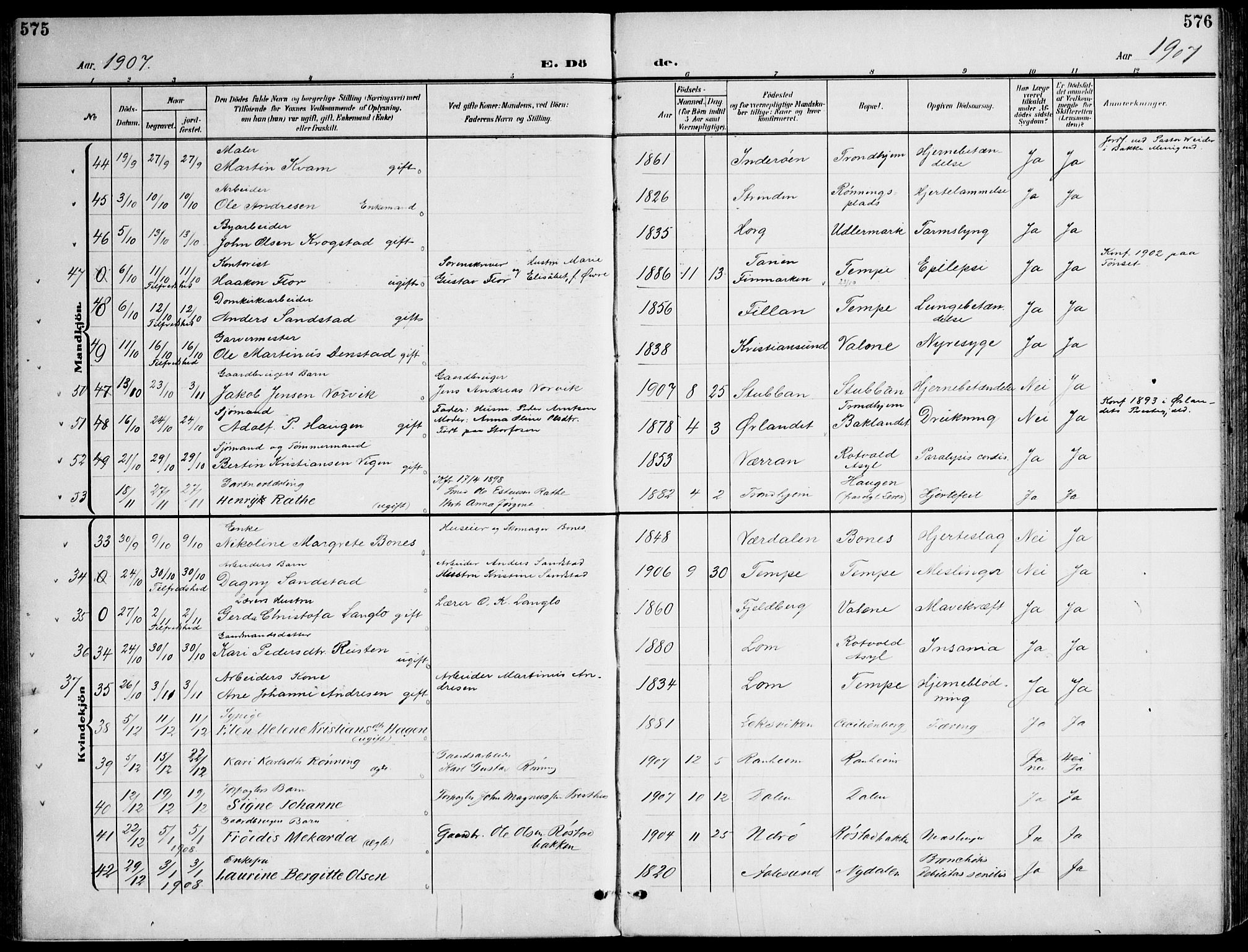 Ministerialprotokoller, klokkerbøker og fødselsregistre - Sør-Trøndelag, SAT/A-1456/607/L0320: Parish register (official) no. 607A04, 1907-1915, p. 575-576