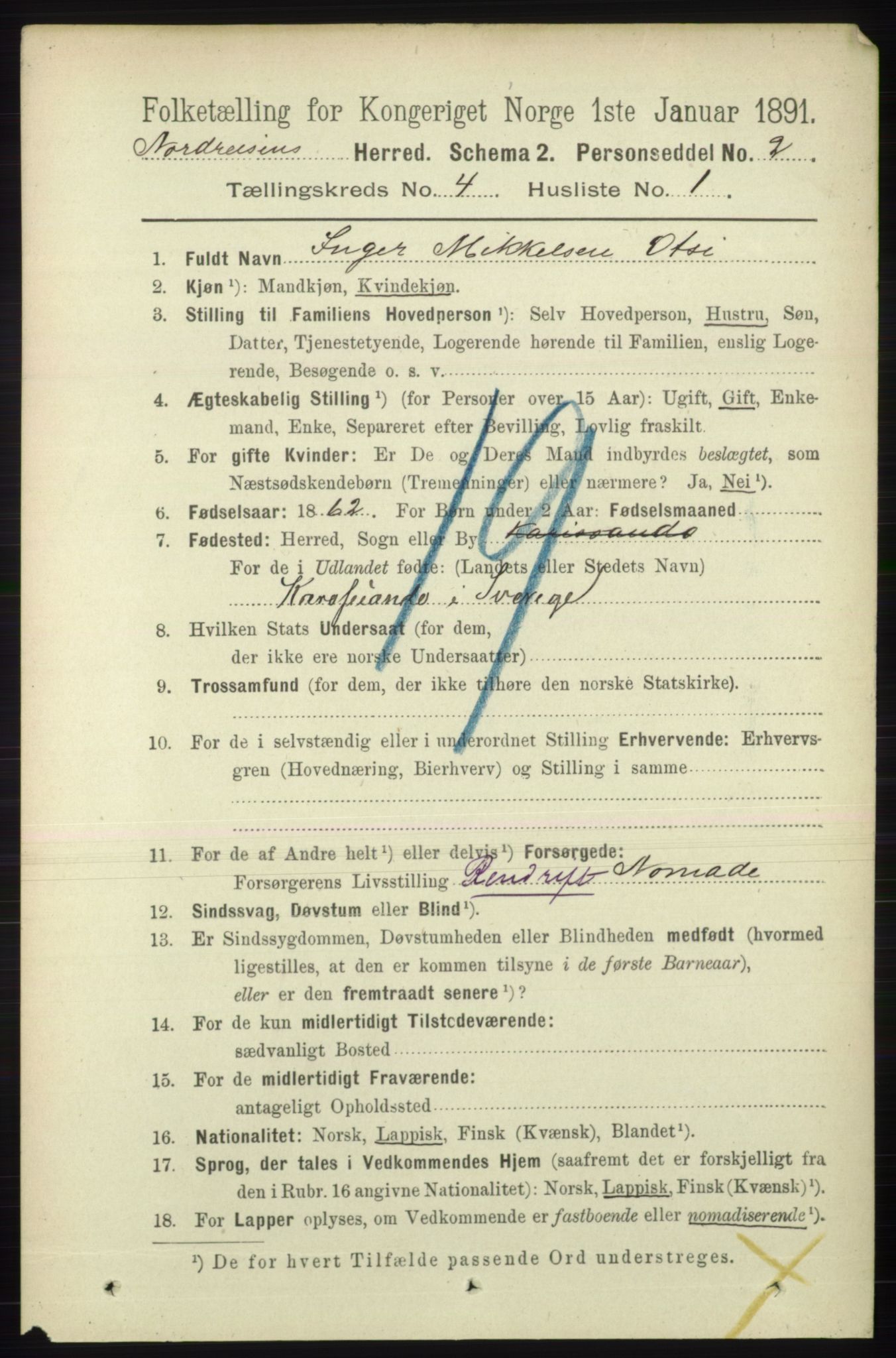 RA, 1891 census for 1942 Nordreisa, 1891, p. 1532