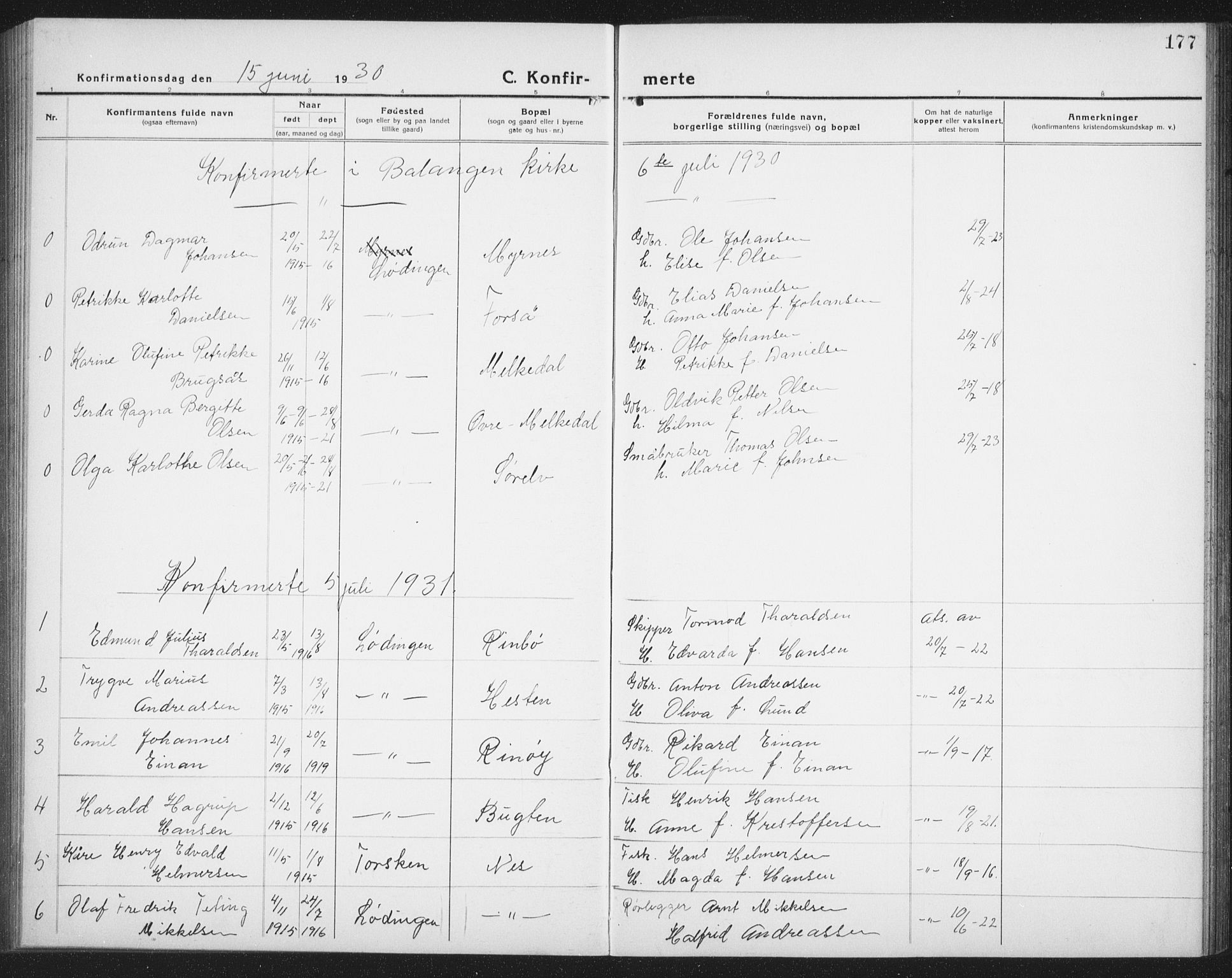Ministerialprotokoller, klokkerbøker og fødselsregistre - Nordland, SAT/A-1459/872/L1049: Parish register (copy) no. 872C05, 1920-1938, p. 177