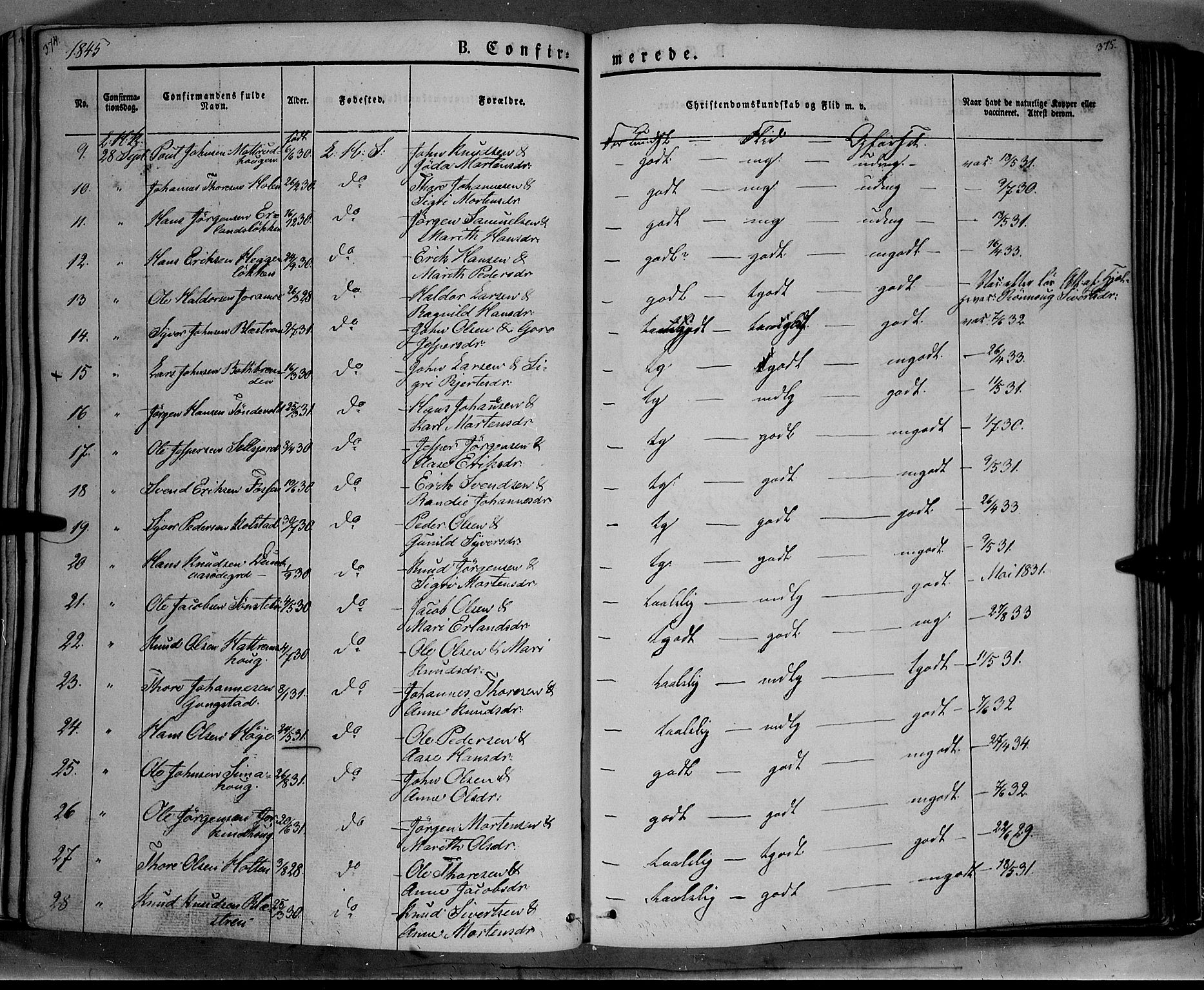 Lesja prestekontor, SAH/PREST-068/H/Ha/Haa/L0006: Parish register (official) no. 6A, 1843-1854, p. 374-375