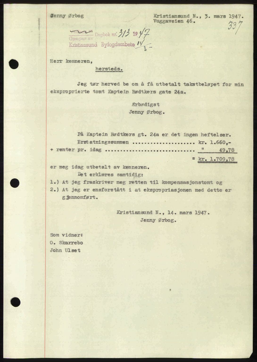 Kristiansund byfogd, AV/SAT-A-4587/A/27: Mortgage book no. 39b, 1946-1947, Diary no: : 313/1947