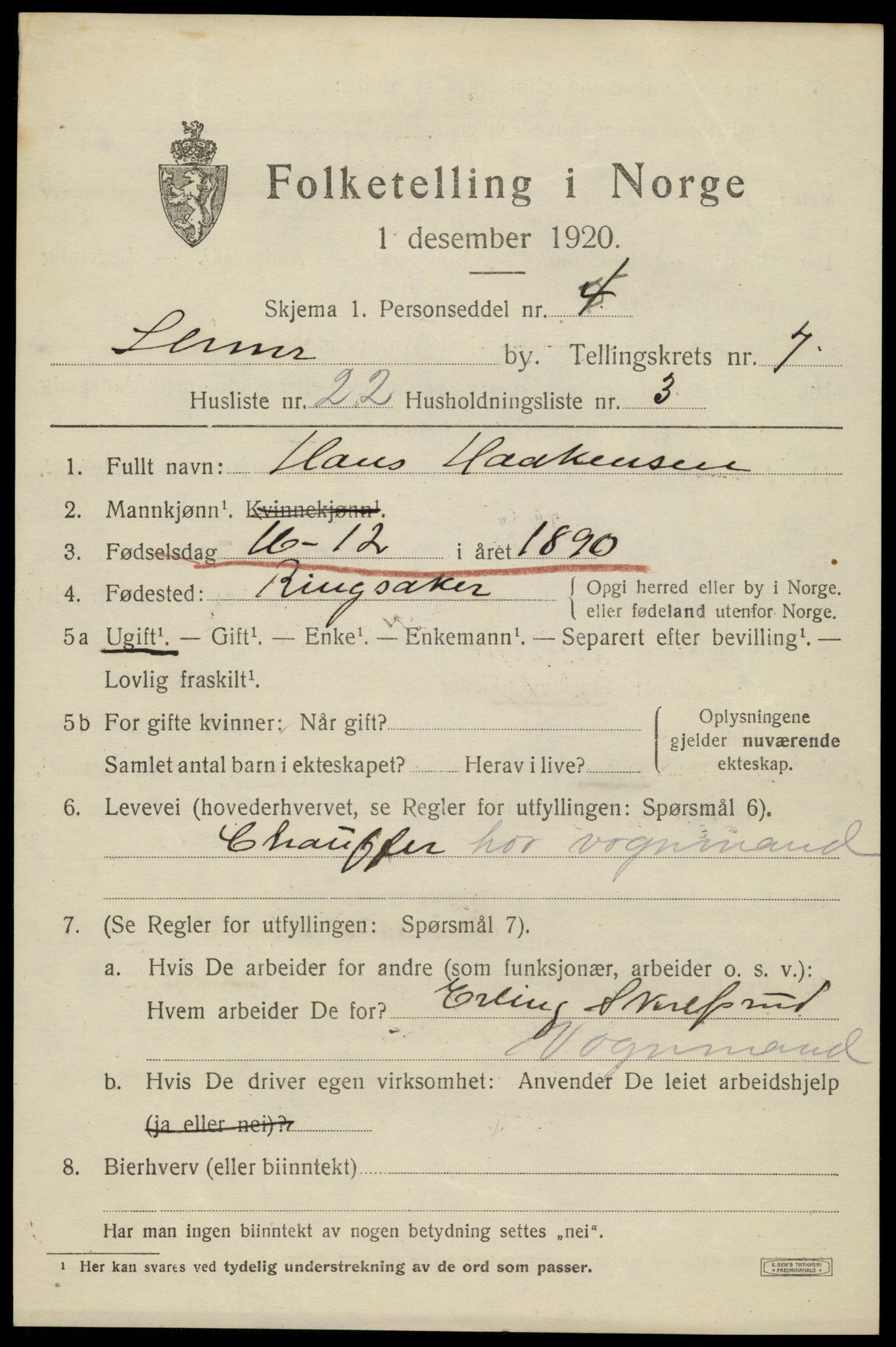 SAH, 1920 census for Lillehammer, 1920, p. 10068