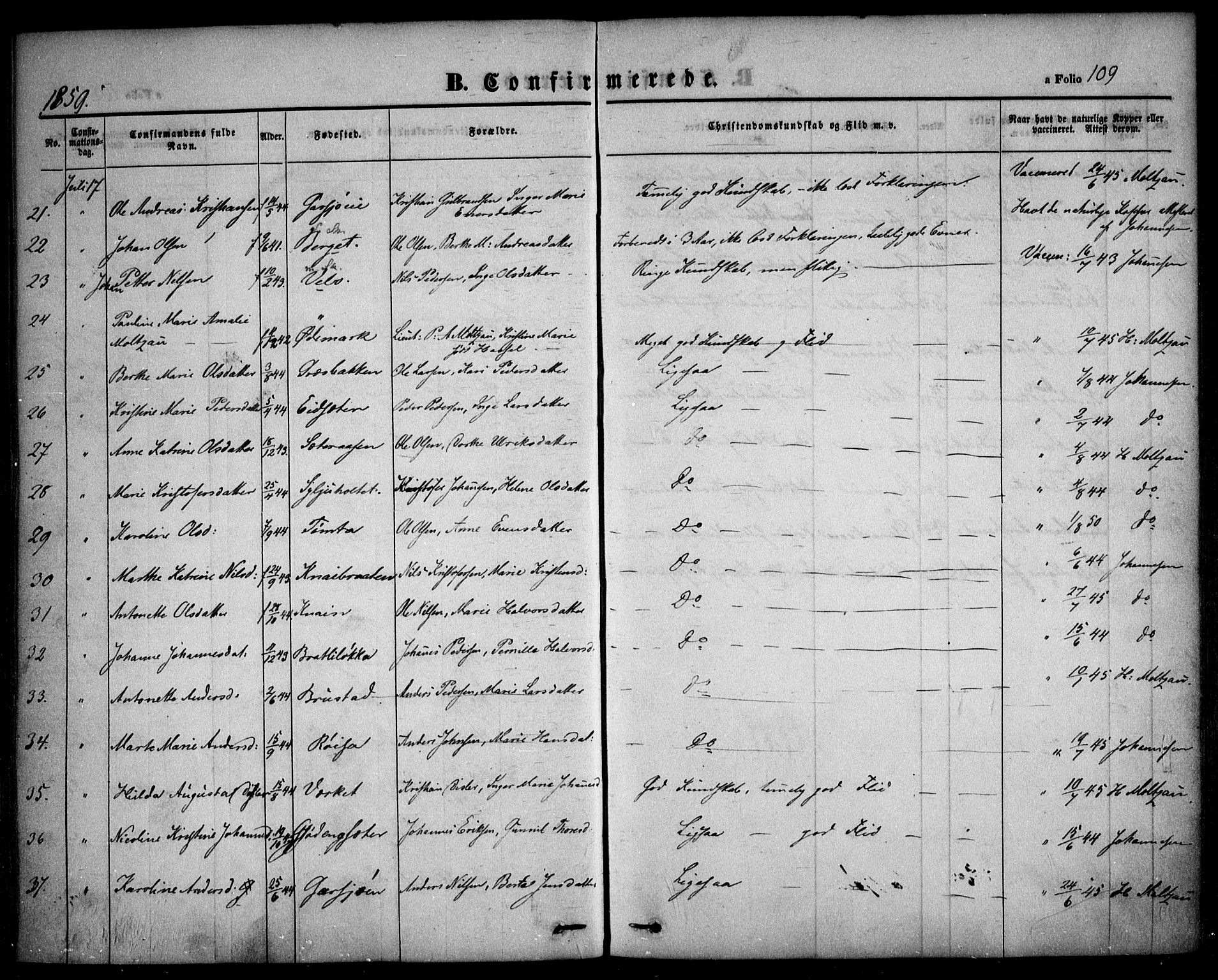 Hurdal prestekontor Kirkebøker, AV/SAO-A-10889/F/Fa/L0005: Parish register (official) no. I 5, 1846-1859, p. 109