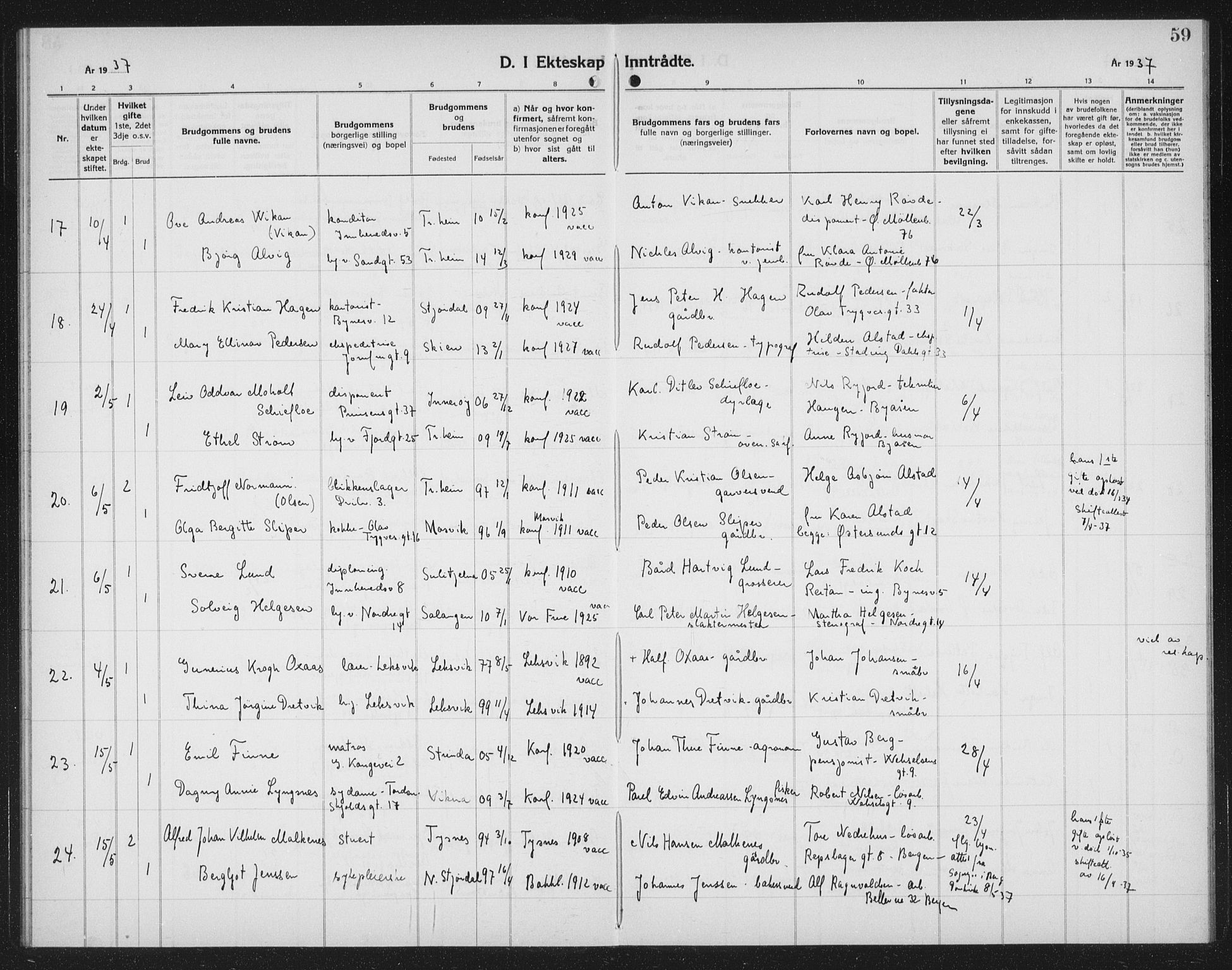 Ministerialprotokoller, klokkerbøker og fødselsregistre - Sør-Trøndelag, AV/SAT-A-1456/602/L0152: Parish register (copy) no. 602C20, 1933-1940, p. 59