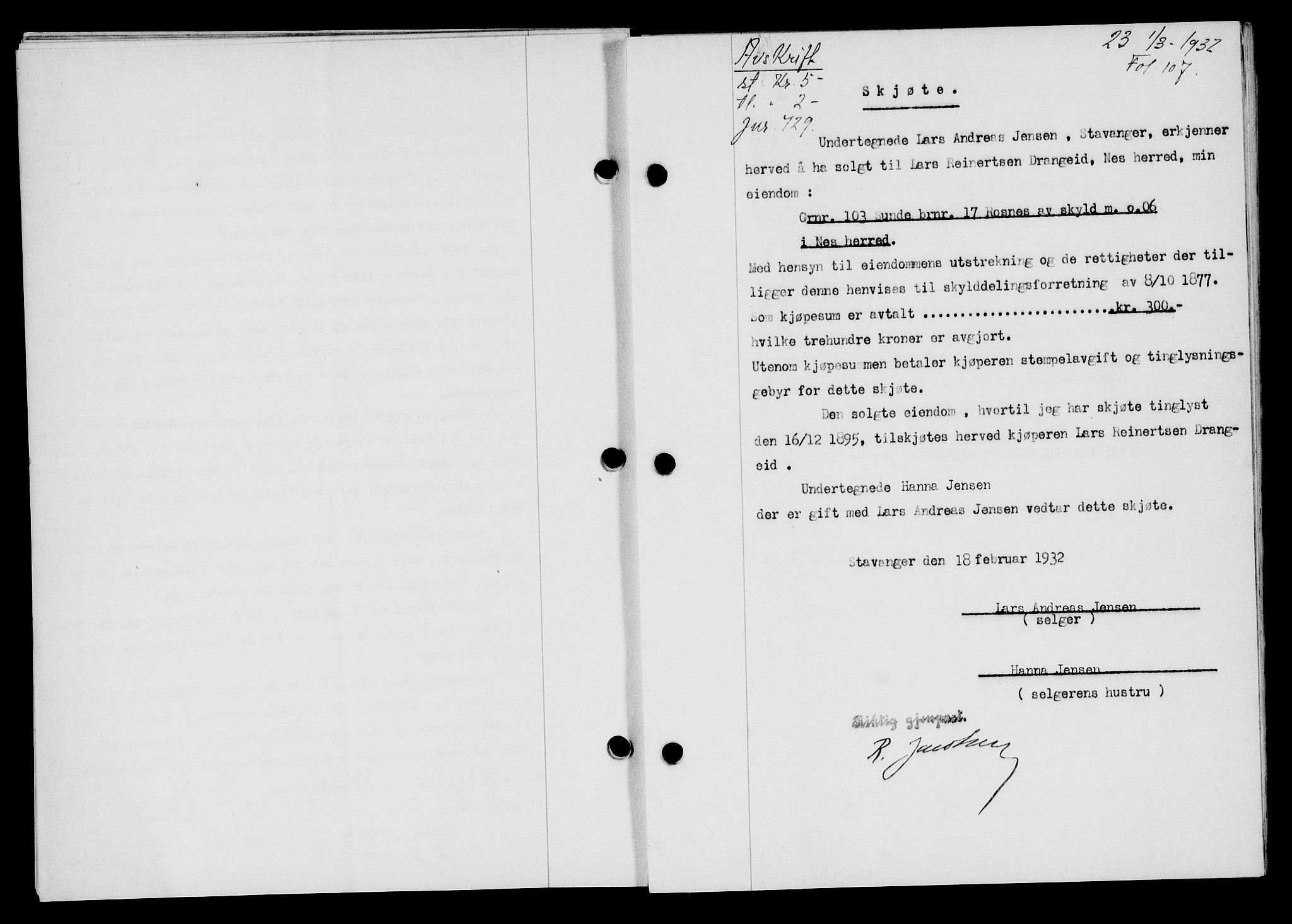 Flekkefjord sorenskriveri, SAK/1221-0001/G/Gb/Gba/L0047: Mortgage book no. 45, 1931-1932, Deed date: 01.03.1932