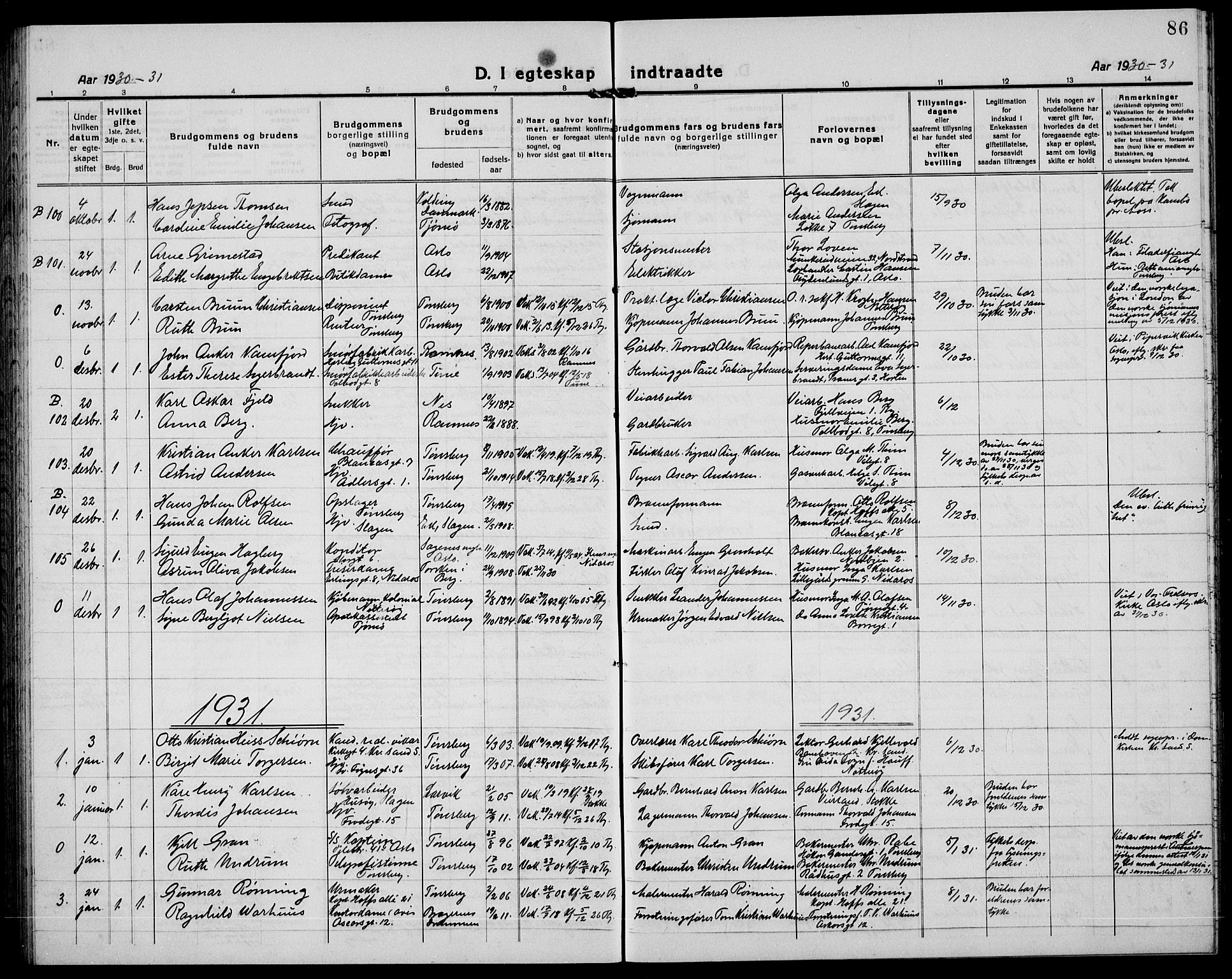 Tønsberg kirkebøker, AV/SAKO-A-330/G/Ga/L0016: Parish register (copy) no. 16, 1920-1933, p. 86