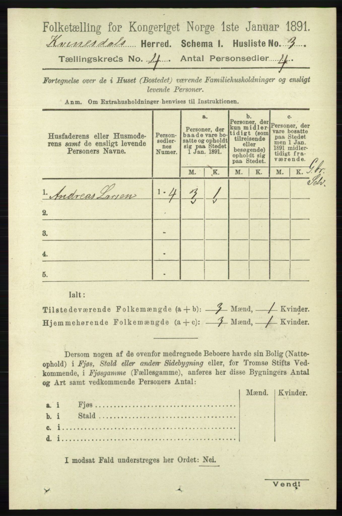 RA, 1891 census for 1037 Kvinesdal, 1891, p. 1396