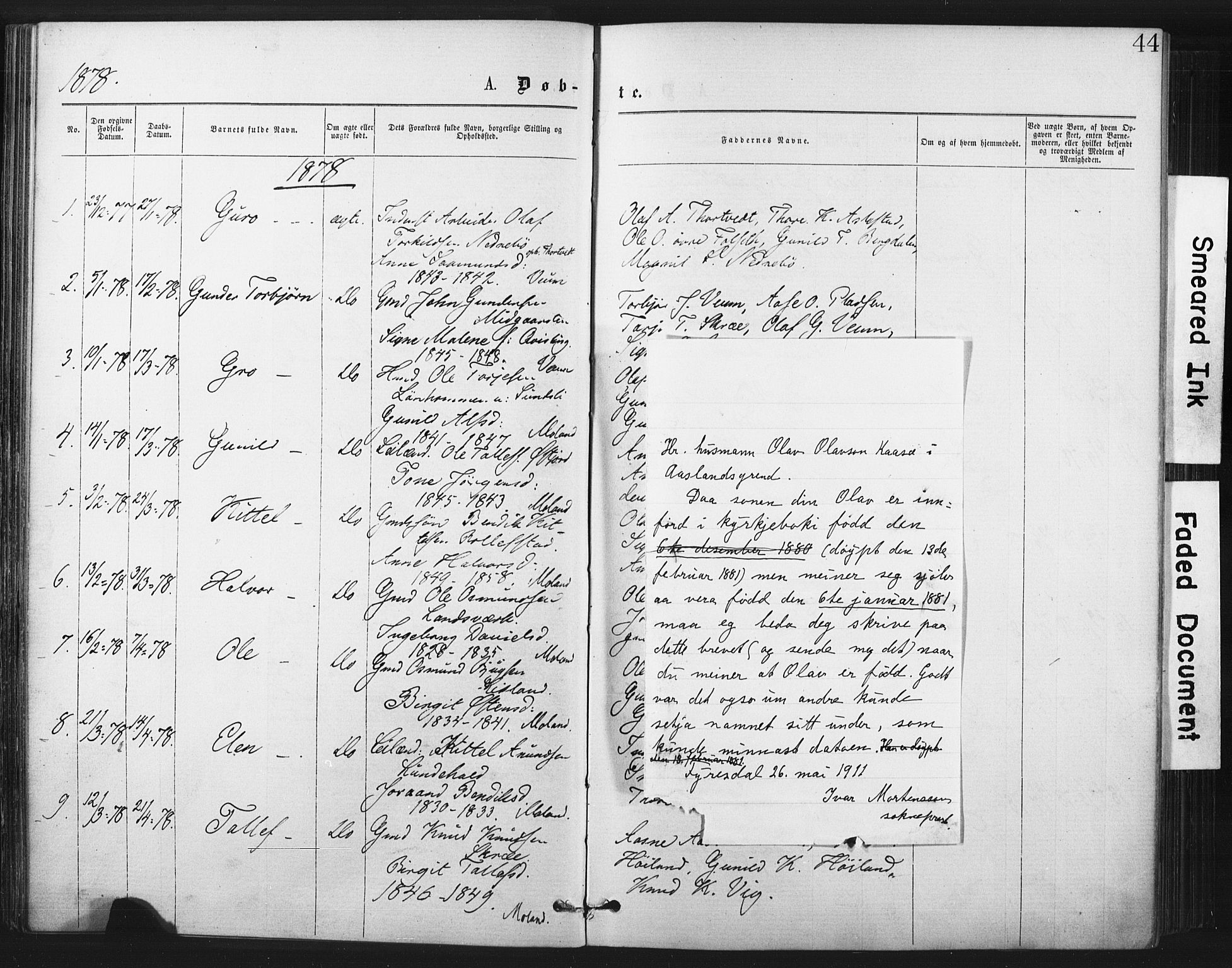 Fyresdal kirkebøker, AV/SAKO-A-263/F/Fa/L0006: Parish register (official) no. I 6, 1872-1886, p. 44