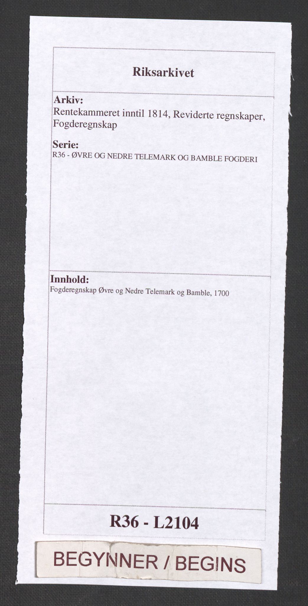 Rentekammeret inntil 1814, Reviderte regnskaper, Fogderegnskap, RA/EA-4092/R36/L2104: Fogderegnskap Øvre og Nedre Telemark og Bamble, 1700, p. 1