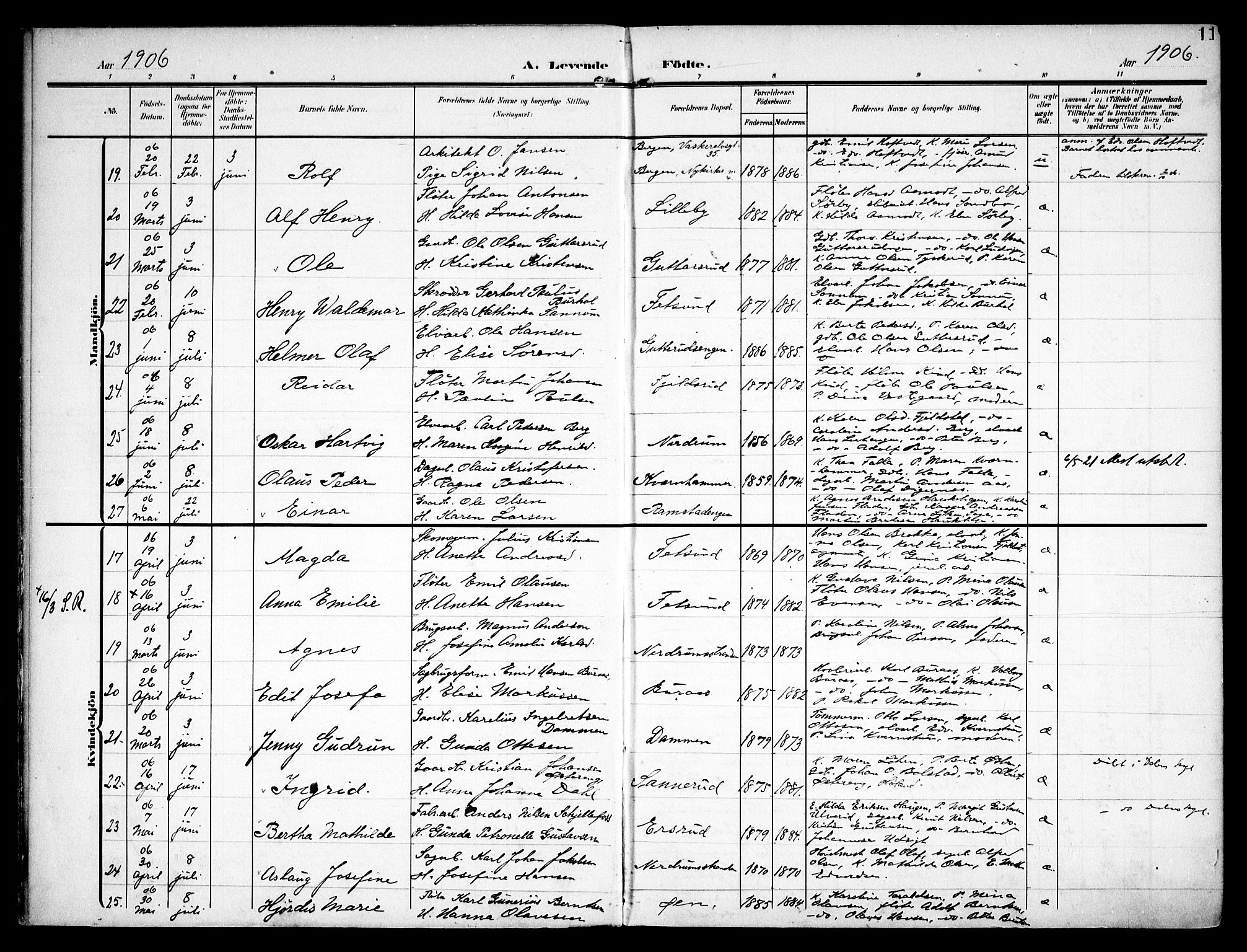 Fet prestekontor Kirkebøker, AV/SAO-A-10370a/F/Fa/L0016: Parish register (official) no. I 16, 1905-1914, p. 11