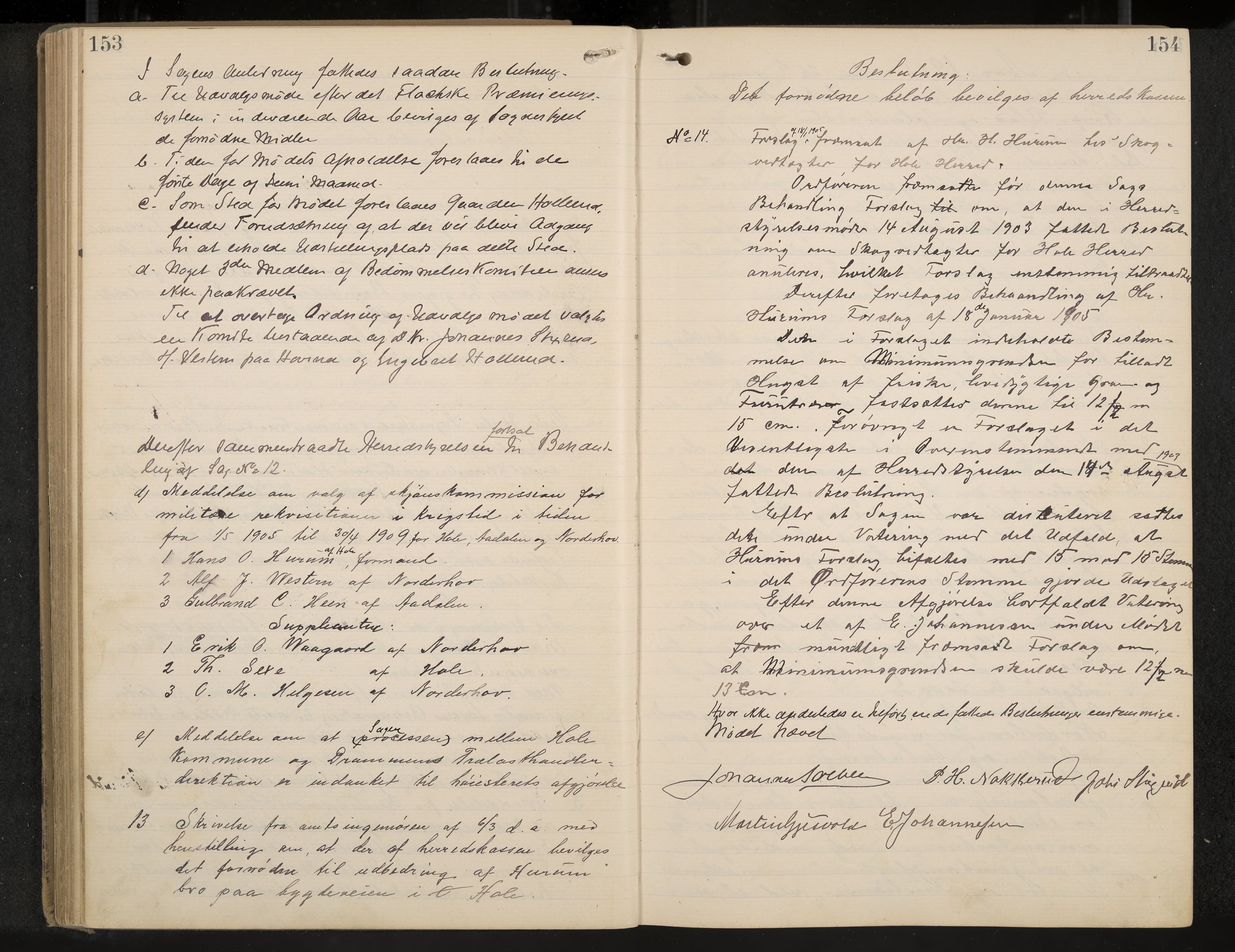 Hole formannskap og sentraladministrasjon, IKAK/0612021-1/A/Aa/L0004: Møtebok med register, 1902-1910, p. 153-154