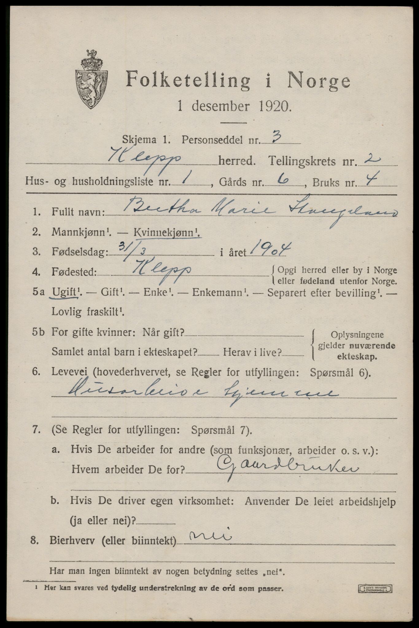 SAST, 1920 census for Klepp, 1920, p. 2584