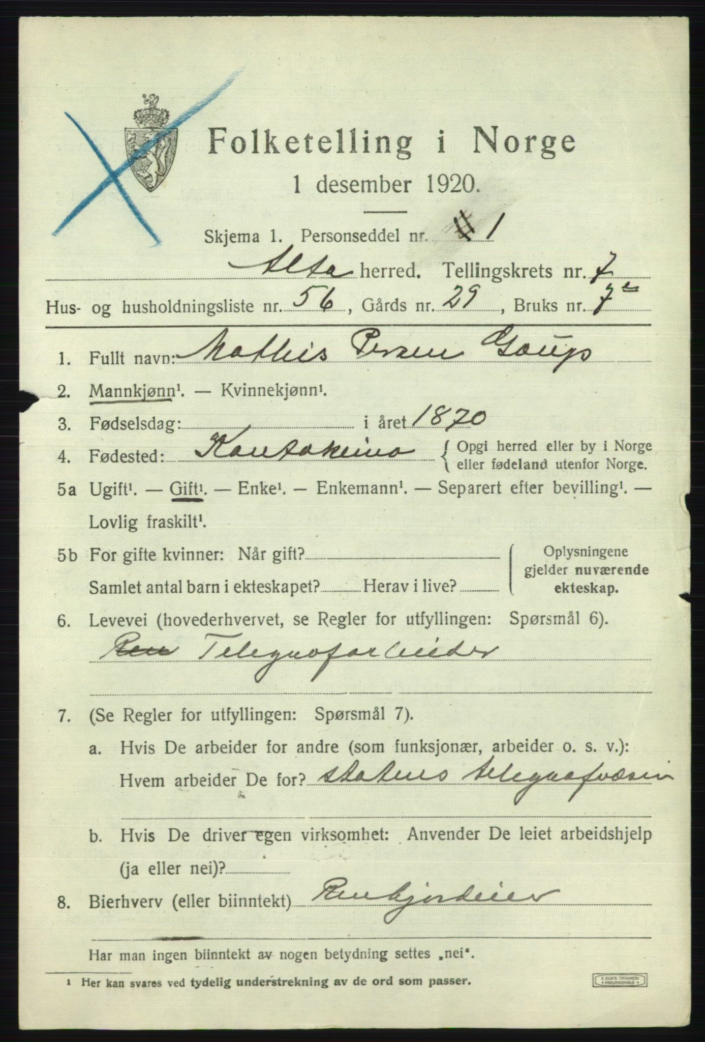 SATØ, 1920 census for Alta, 1920, p. 6041