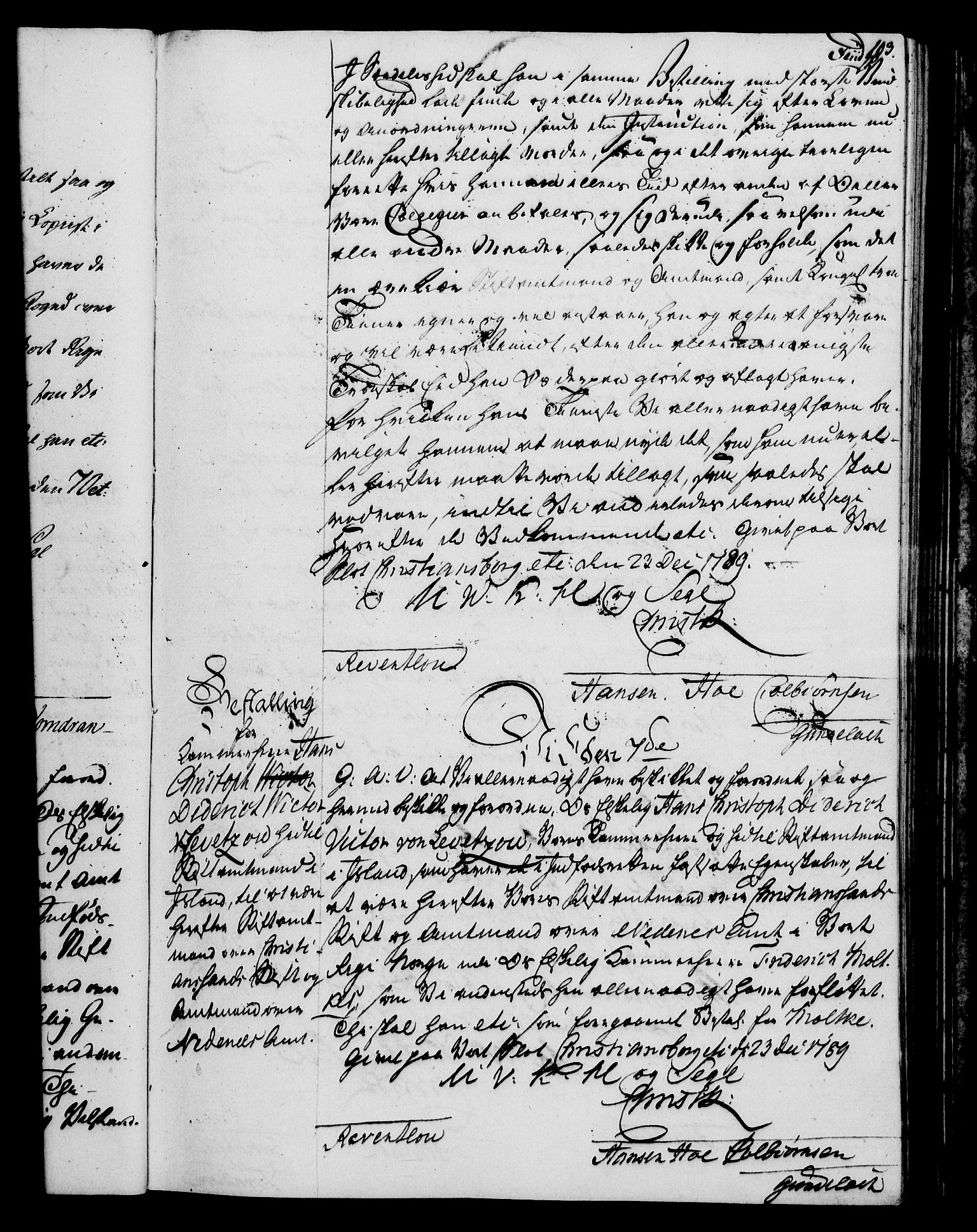 Rentekammeret, Kammerkanselliet, RA/EA-3111/G/Gg/Gge/L0006: Norsk bestallingsprotokoll med register (merket RK 53.30), 1773-1814, p. 103