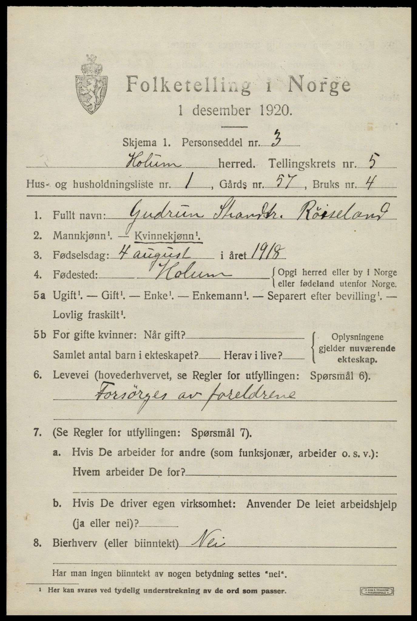 SAK, 1920 census for Holum, 1920, p. 2133