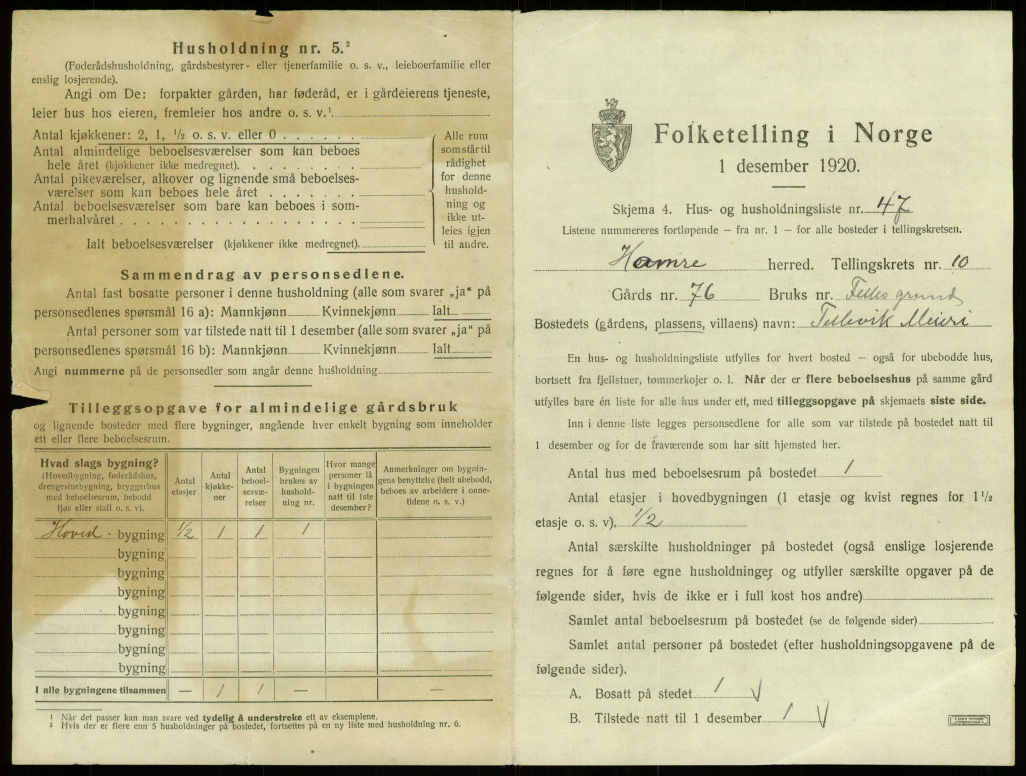 SAB, 1920 census for Hamre, 1920, p. 983