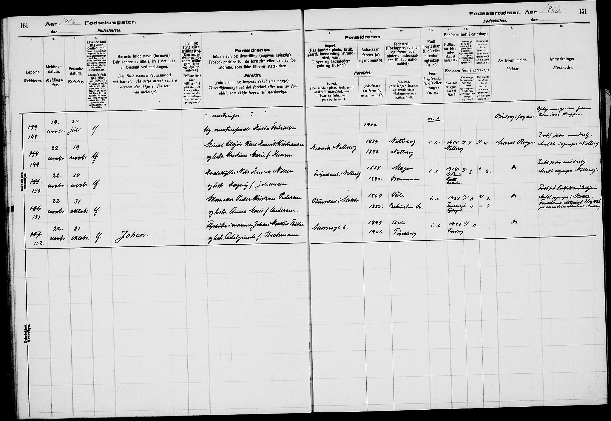 Tønsberg kirkebøker, AV/SAKO-A-330/J/Ja/L0002: Birth register no. 2, 1922-1928, p. 151