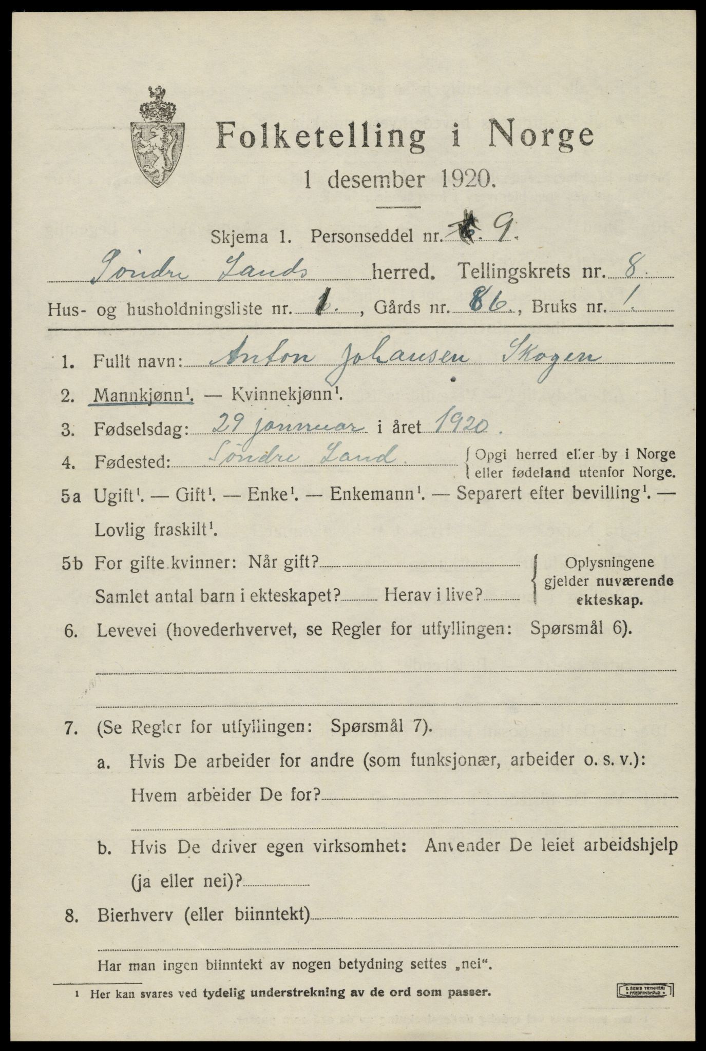 SAH, 1920 census for Søndre Land, 1920, p. 7601