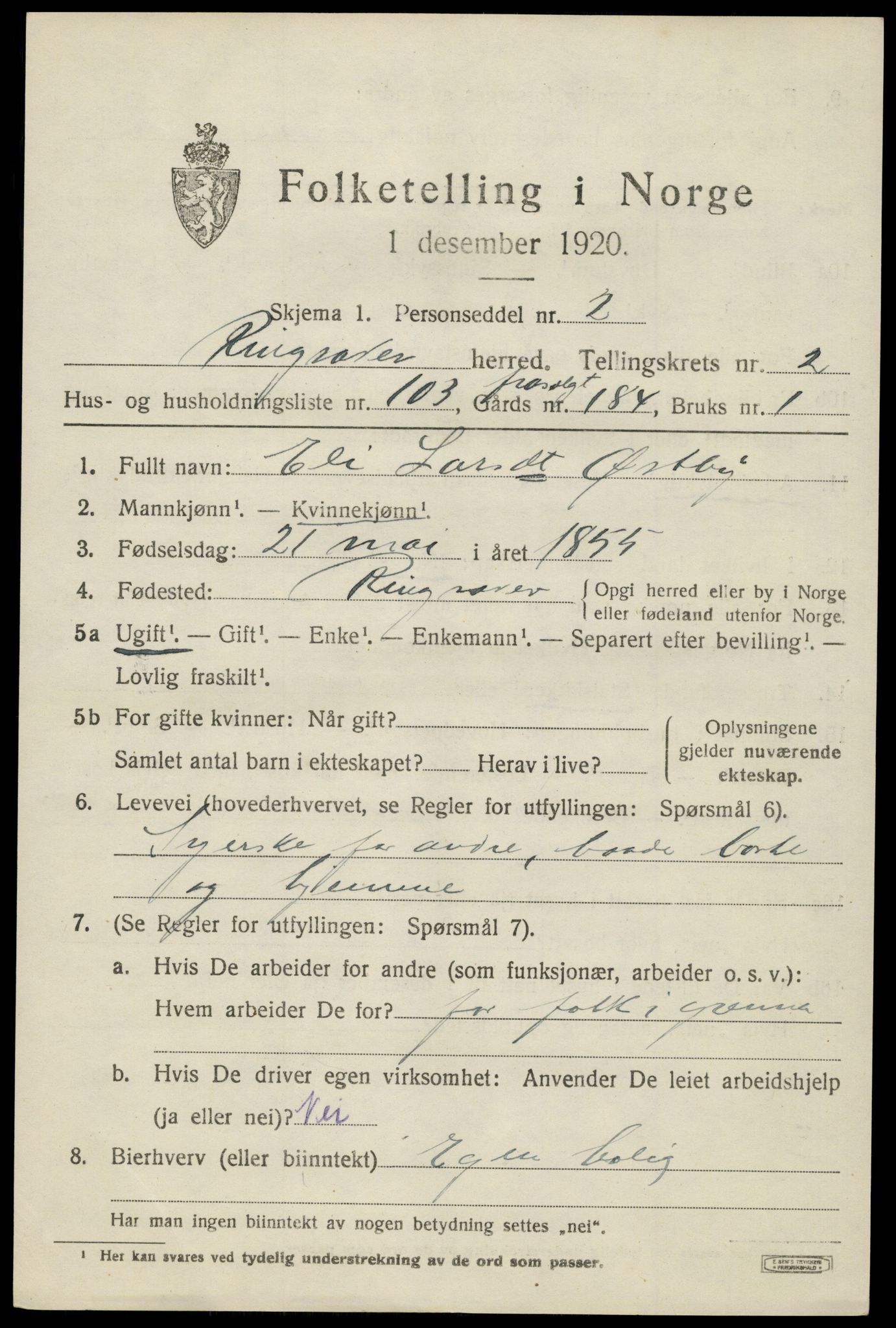 SAH, 1920 census for Ringsaker, 1920, p. 7552