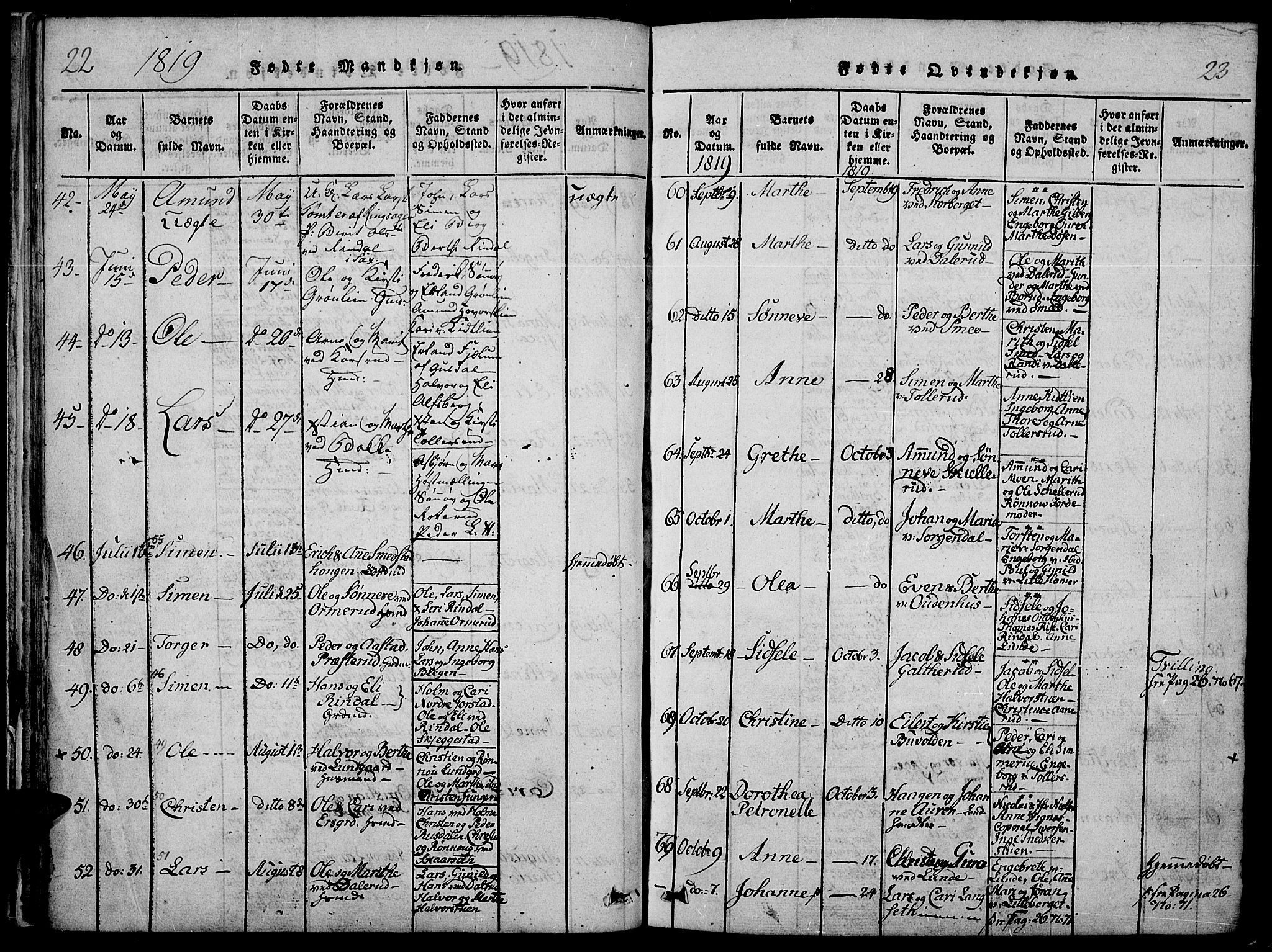 Fåberg prestekontor, AV/SAH-PREST-086/H/Ha/Haa/L0003: Parish register (official) no. 3, 1818-1833, p. 22-23