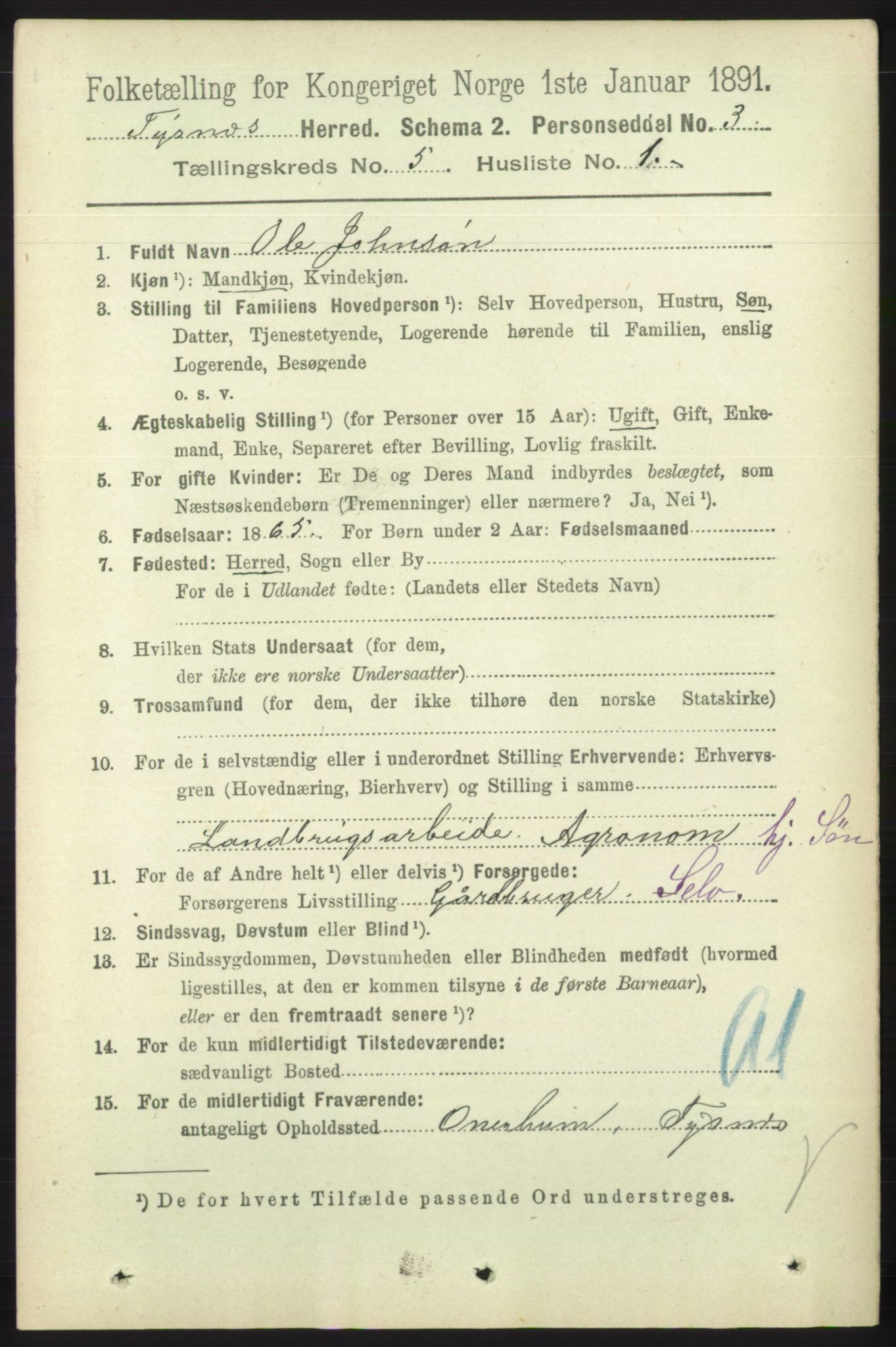 RA, 1891 census for 1223 Tysnes, 1891, p. 1904