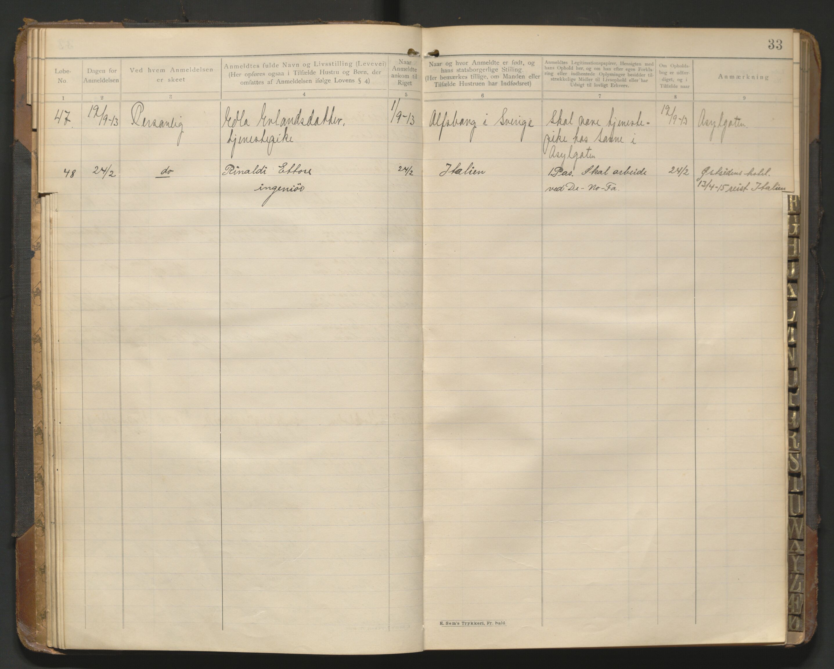 Fredrikstad politikammer, AV/SAO-A-10055/H/Hb/Hba/L0001: Protokoll over fremmede statsborgere, 1901-1916, p. 32b-33a