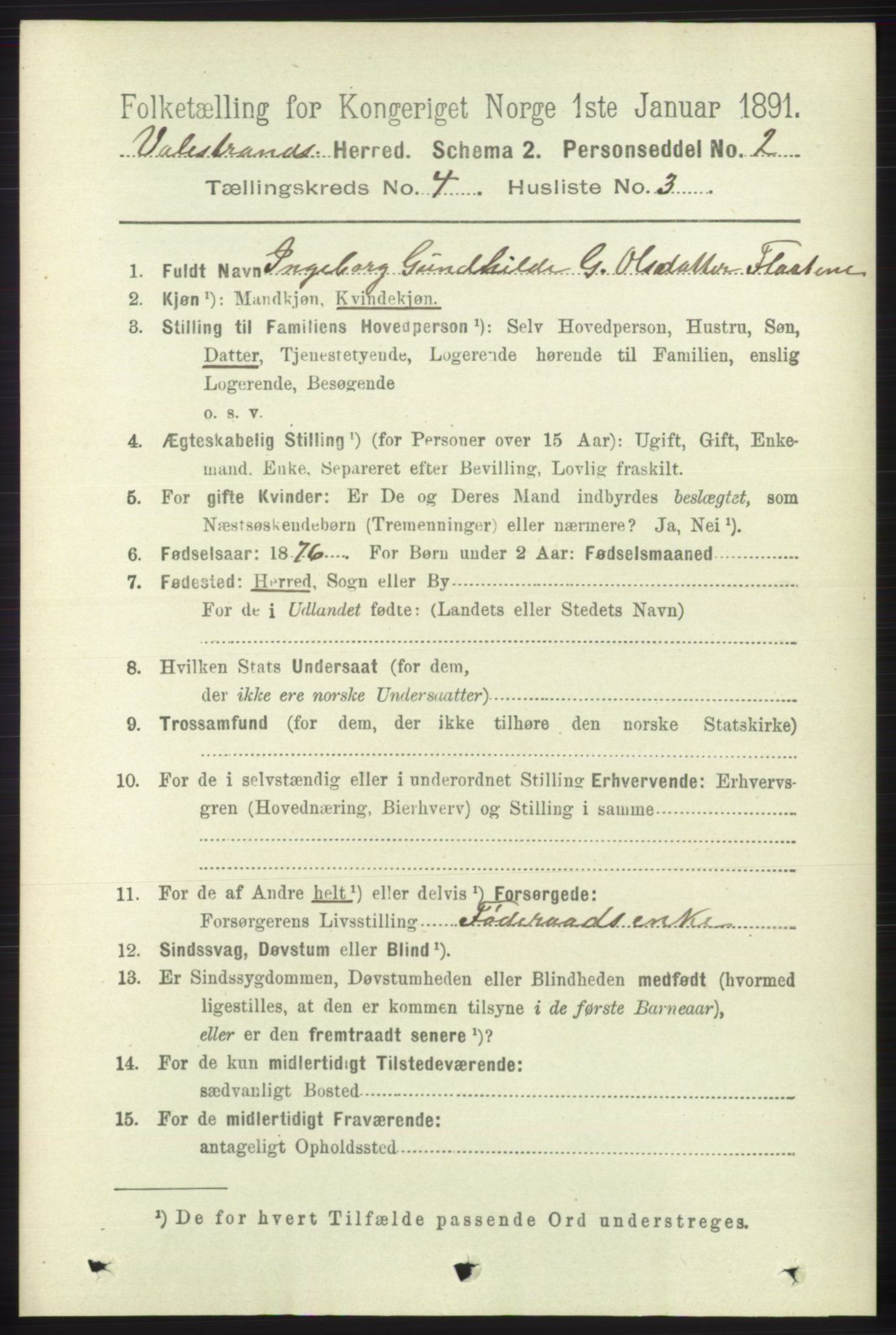 RA, 1891 census for 1217 Valestrand, 1891, p. 881