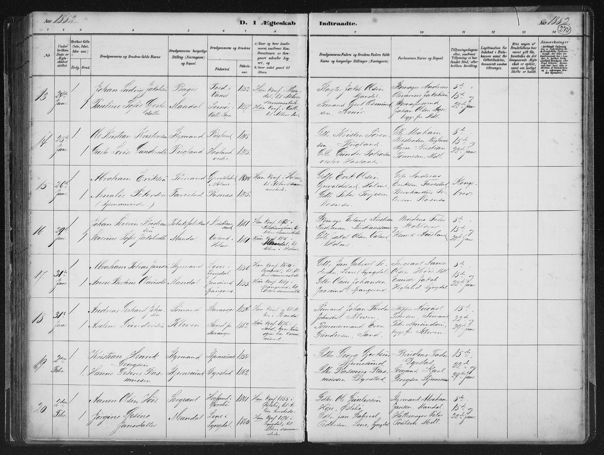 Mandal sokneprestkontor, AV/SAK-1111-0030/F/Fb/Fba/L0011: Parish register (copy) no. B 5, 1880-1898, p. 272