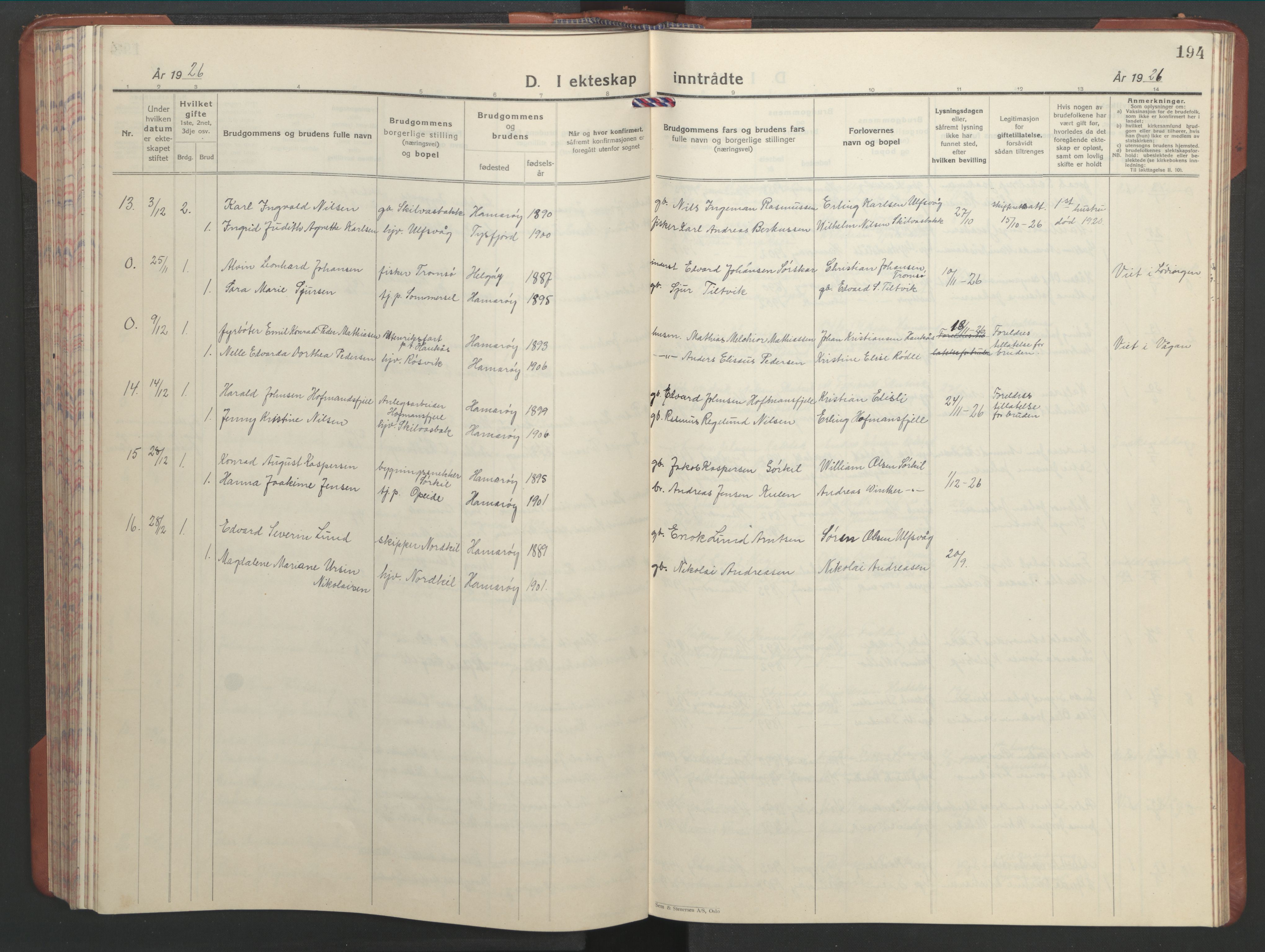 Ministerialprotokoller, klokkerbøker og fødselsregistre - Nordland, AV/SAT-A-1459/859/L0862: Parish register (copy) no. 859C08, 1925-1936, p. 194